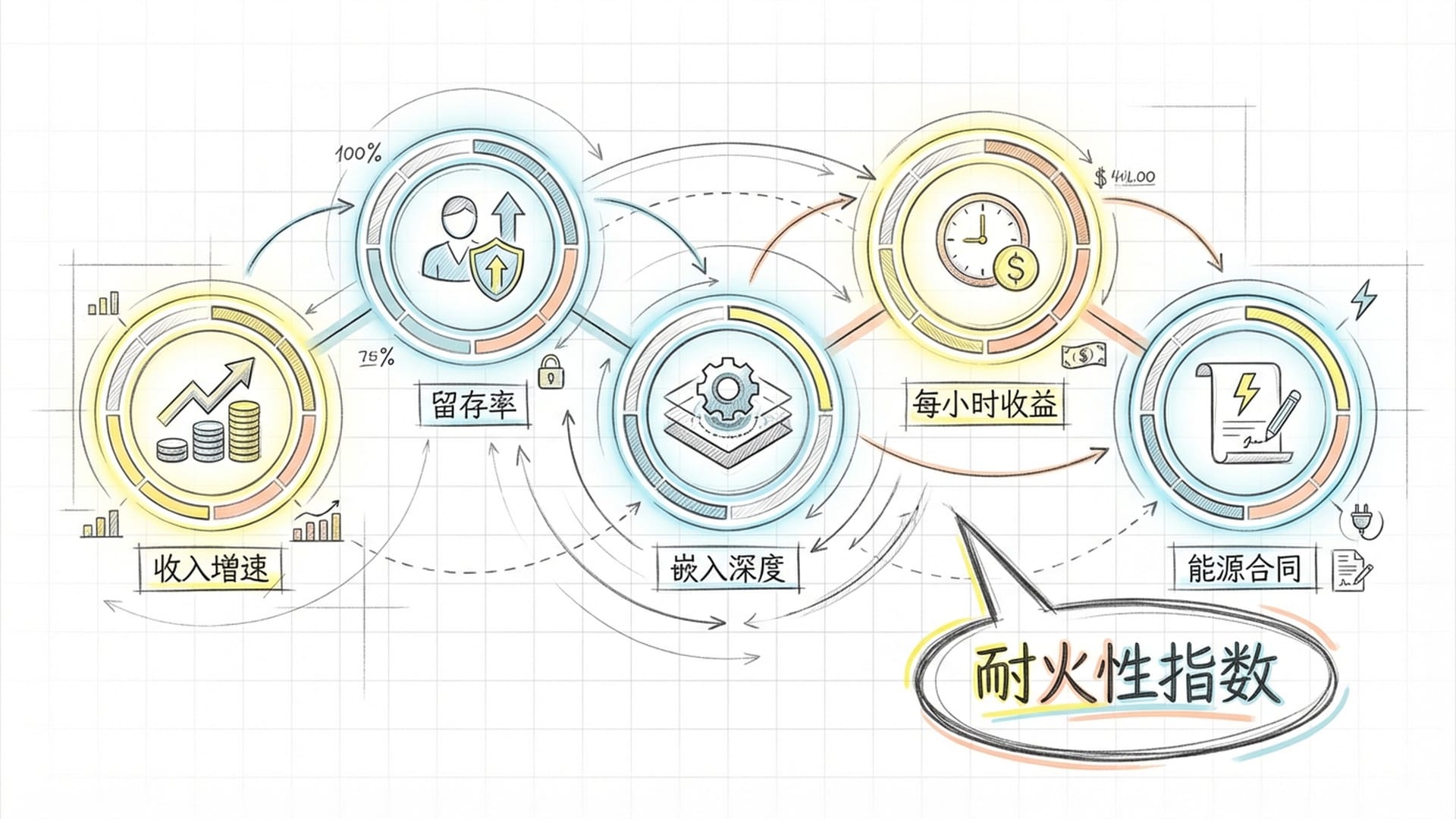 五个发光的量化圆环，分别代表耐火性指数。