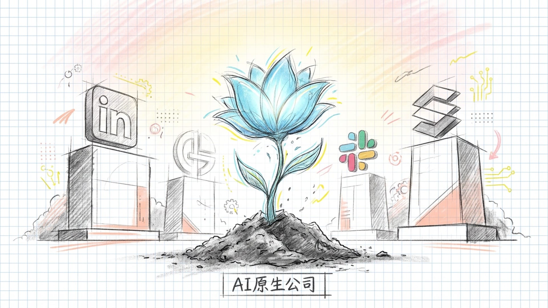 灰烬中盛开的发光蓝色花朵，背景隐约可见LinkedIn、Stripe、Slack的Logo纪念碑