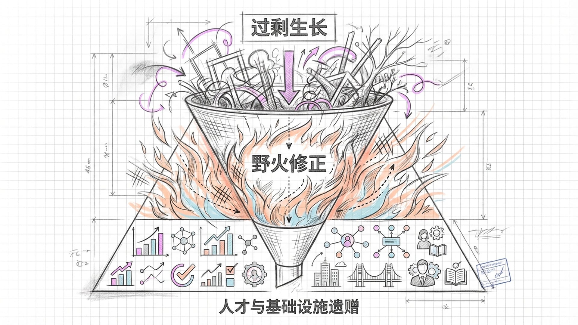 巨大漏斗，上方投入混乱数据和人力，中间被火过滤，下方产出高效资源分配图谱。