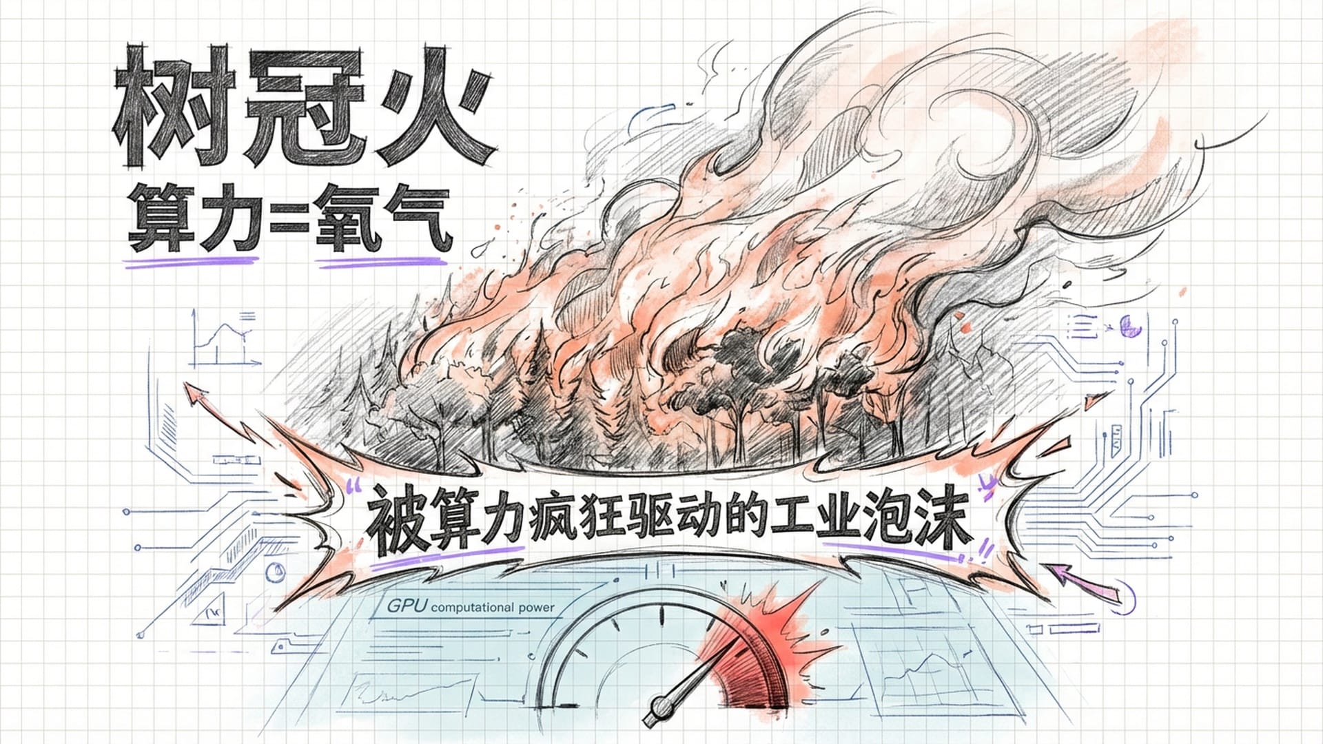森林顶端的爆炸，火焰在树梢快速流动，下方是一个巨大的GPU算力需求仪表盘。