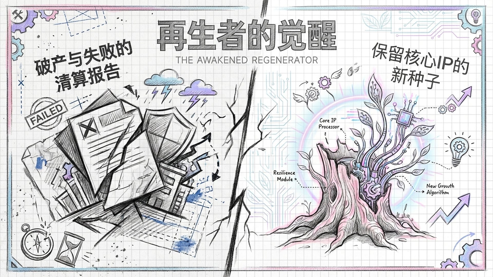 焦黑树桩基部，侧面长出机械萌芽