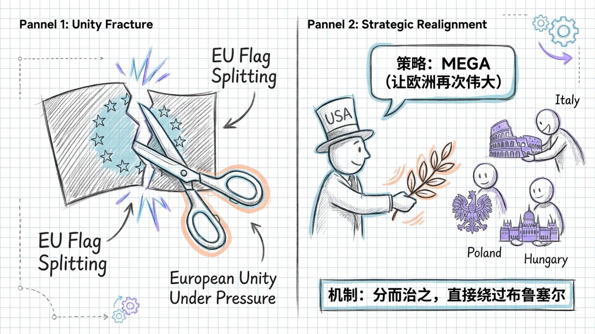 欧盟旗帜被剪刀从中剪开，美国向部分欧洲国家（意、波、匈）递出橄榄枝。