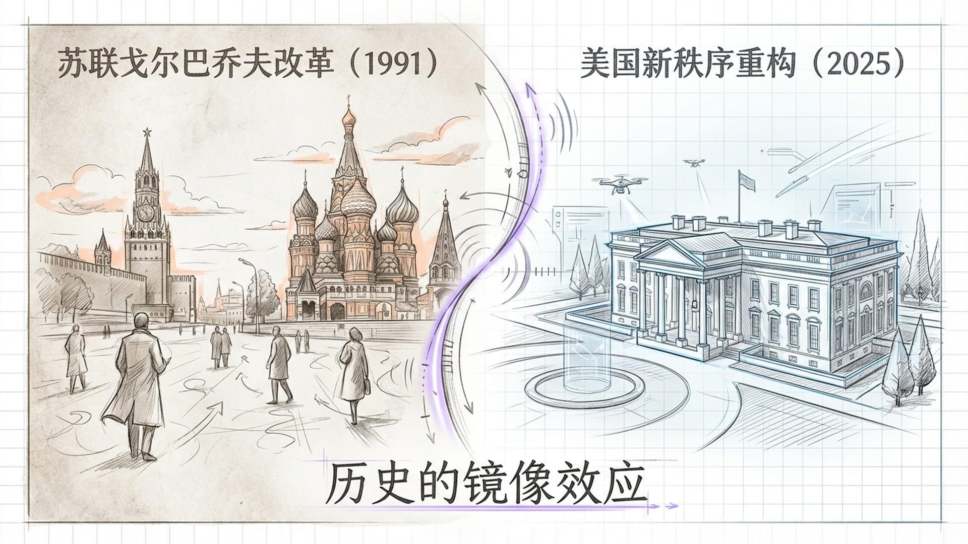 1991年的苏联红场与2025年的华盛顿白宫进行分屏对比