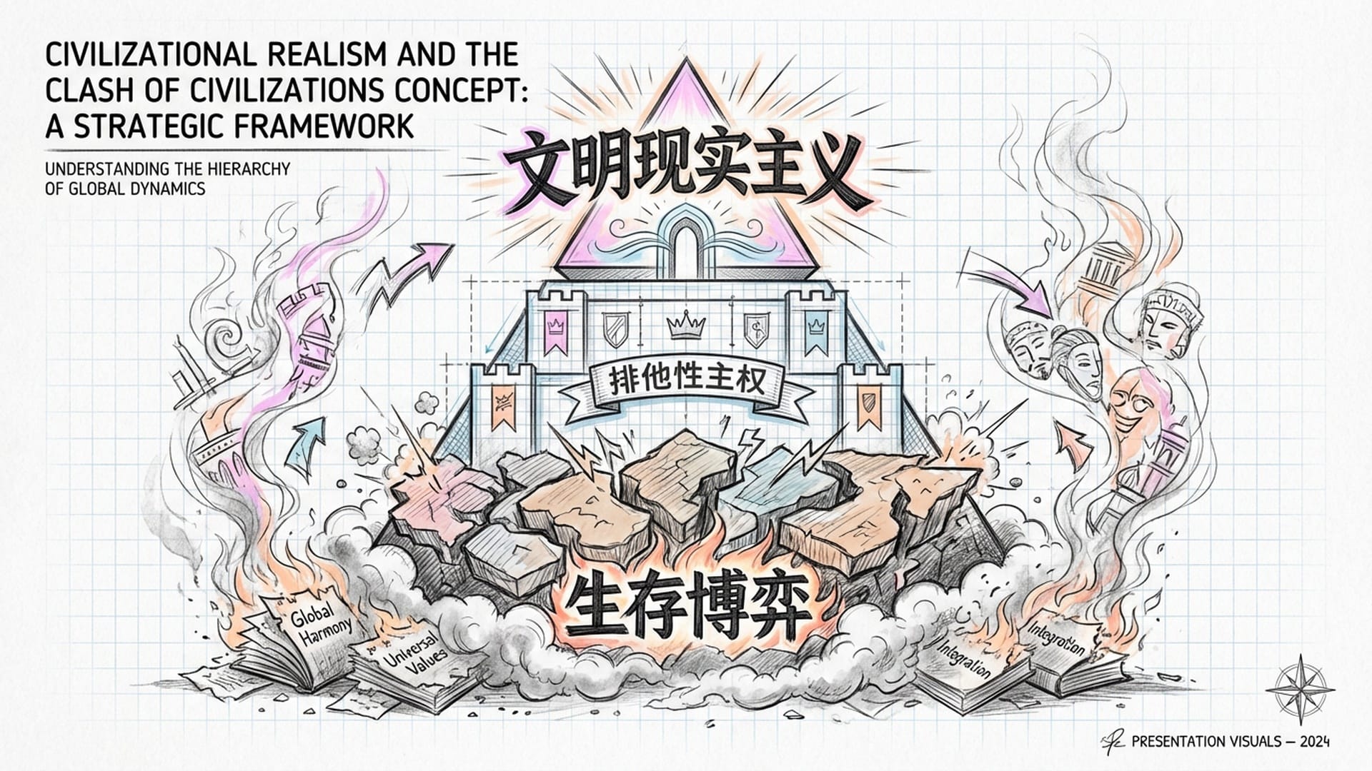 亨廷顿《文明冲突》的书页燃烧，灰烬幻化为不同颜色的文明板块在地板上互相挤压。