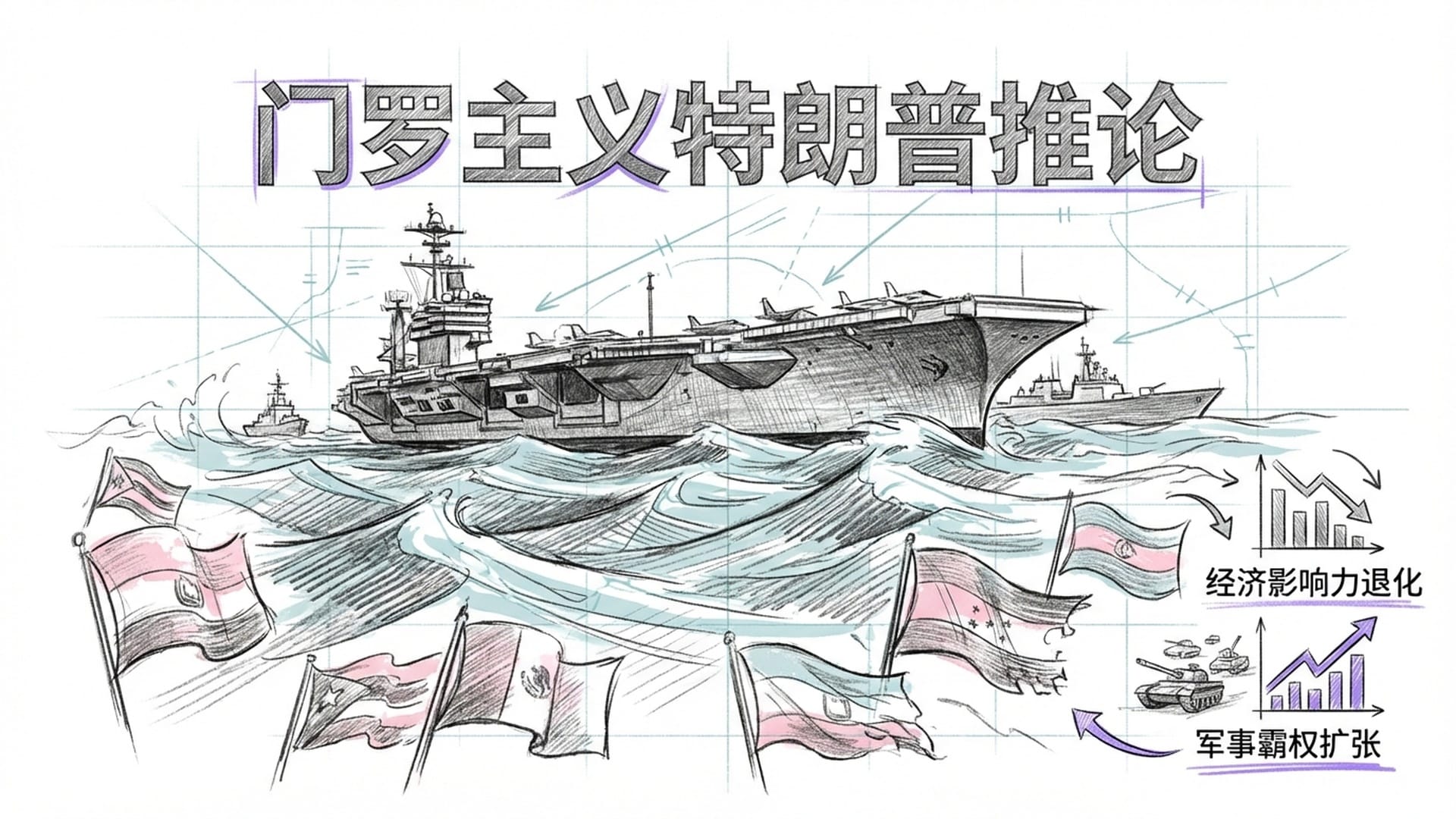 美军航母集群封锁加勒比海，周围是拉美各国的旗帜在风暴中摇摆。