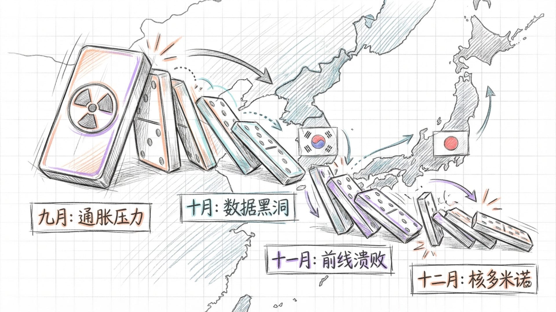 多米诺骨牌在东亚地图上排列，第一块印着核武器标志，背景是日韩旗帜。