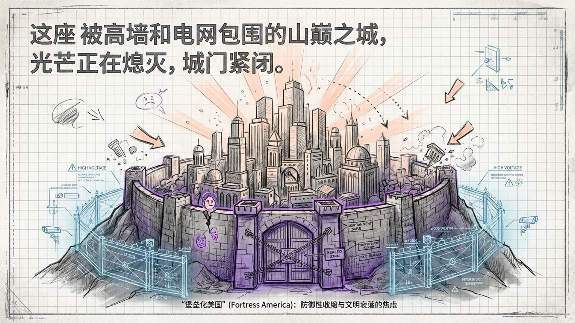 一座被高墙和电网包围的山巅之城，光芒正在熄灭，城门紧闭。