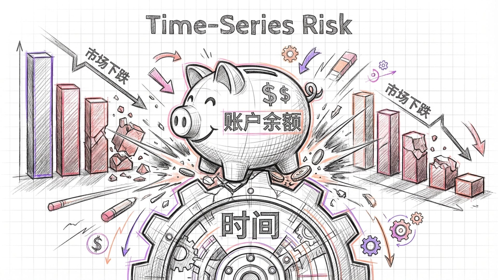 一个存钱罐图标，底部有一个巨大的时间齿轮在碾压。背景是一系列下跌的红色长方柱。