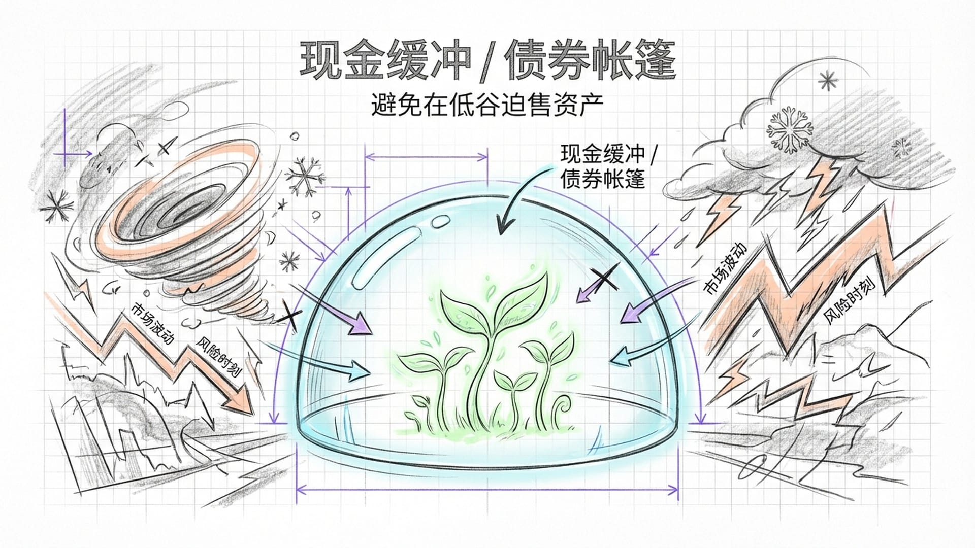 一个发光的防护罩（现金/债券）护住了一簇嫩芽，周围是暴风雪气候。