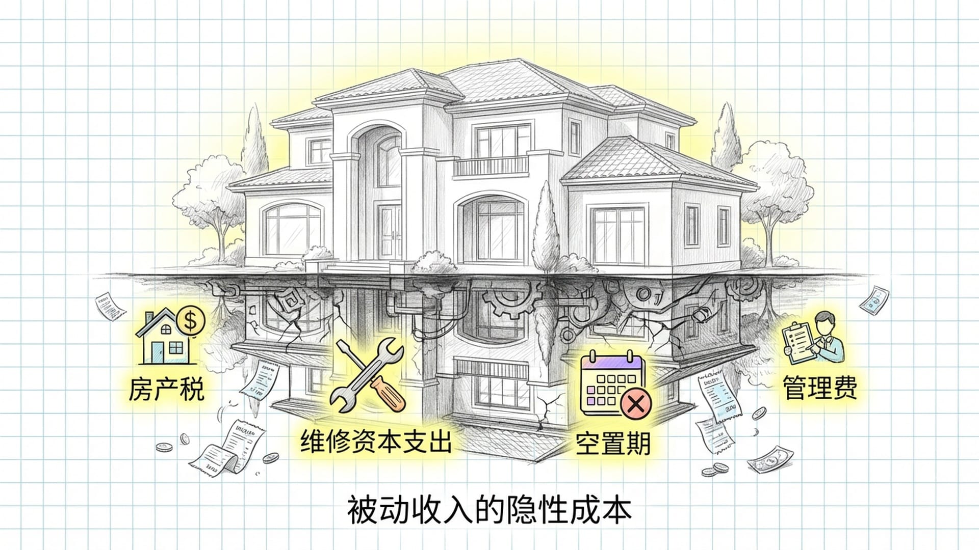 一座漂亮的白色别墅，在其倒影中显示出灰暗的基础设施、维修工和账单单据。