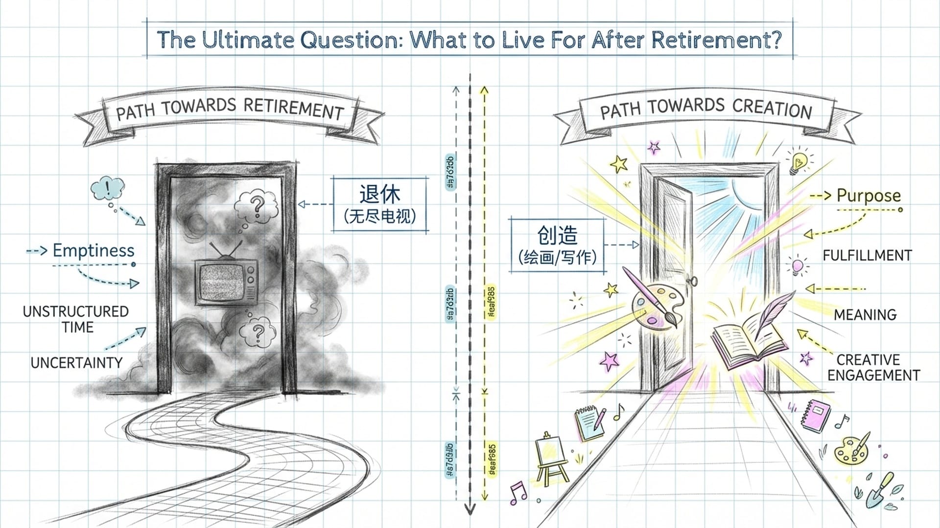 两扇门，一扇写着‘退休（无尽电视）’，门内是迷雾；另一扇写着‘创造（绘画/写作）’，门内是阳光。