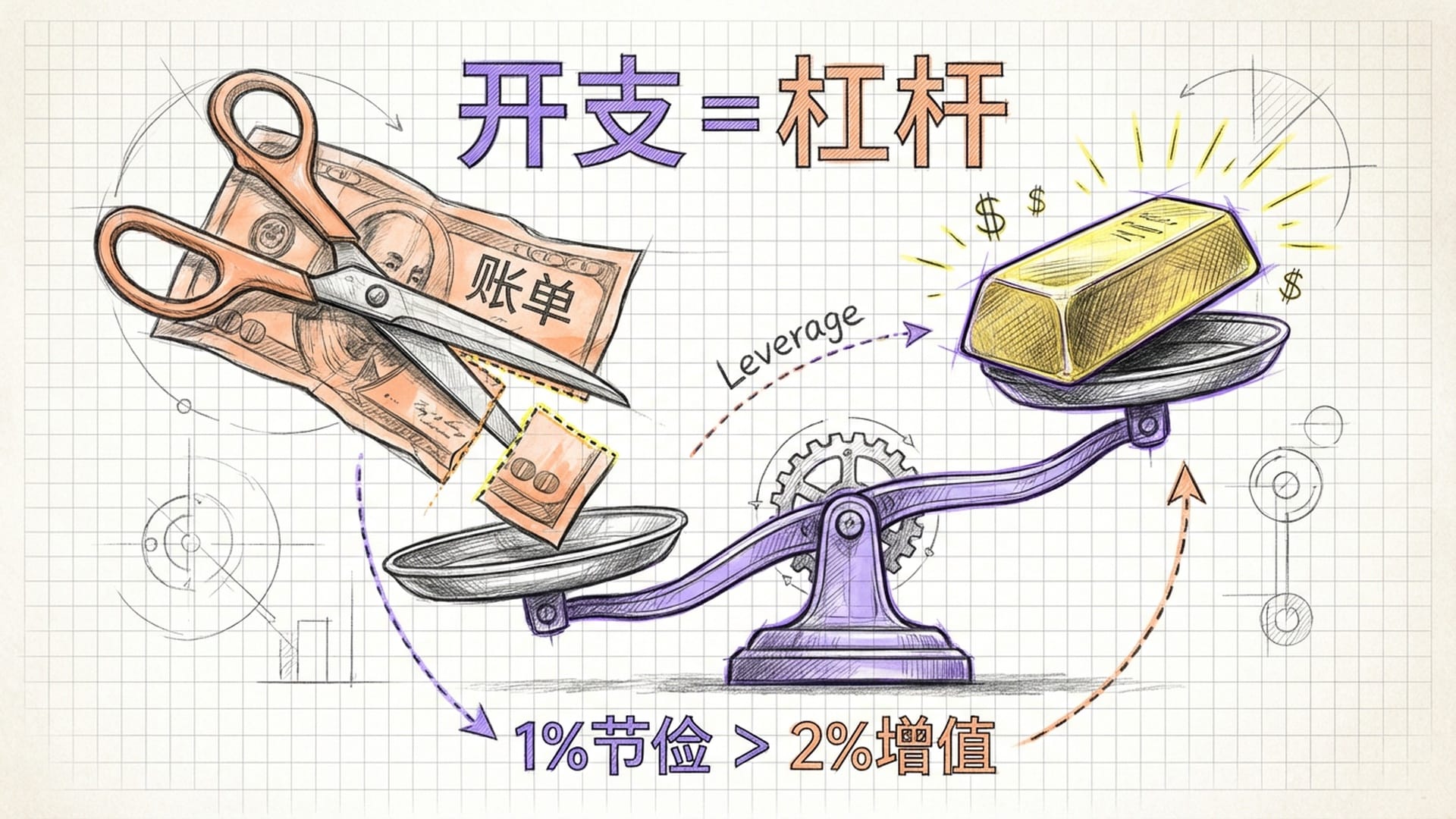 一把巨大的剪刀正在剪掉账单的一角，剪掉的小角在天平上撬动了沉重的金块。