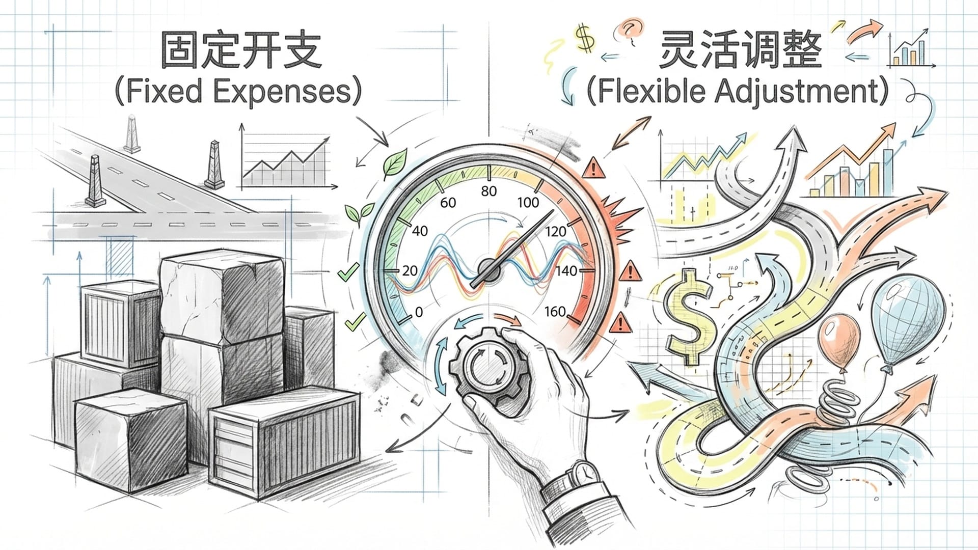 一个正在行驶的车辆仪表盘，指针在安全区域与危险区域之间摆动，手在调节按钮。