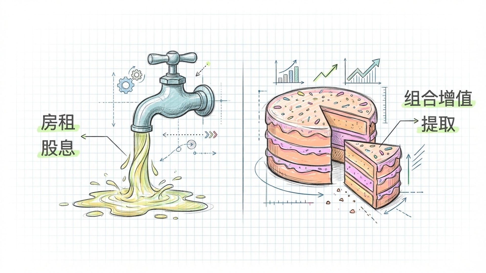 两个并列的图标，左侧是流动的金色水龙头（现金流），右侧是切开的多彩蛋糕（总回报）。