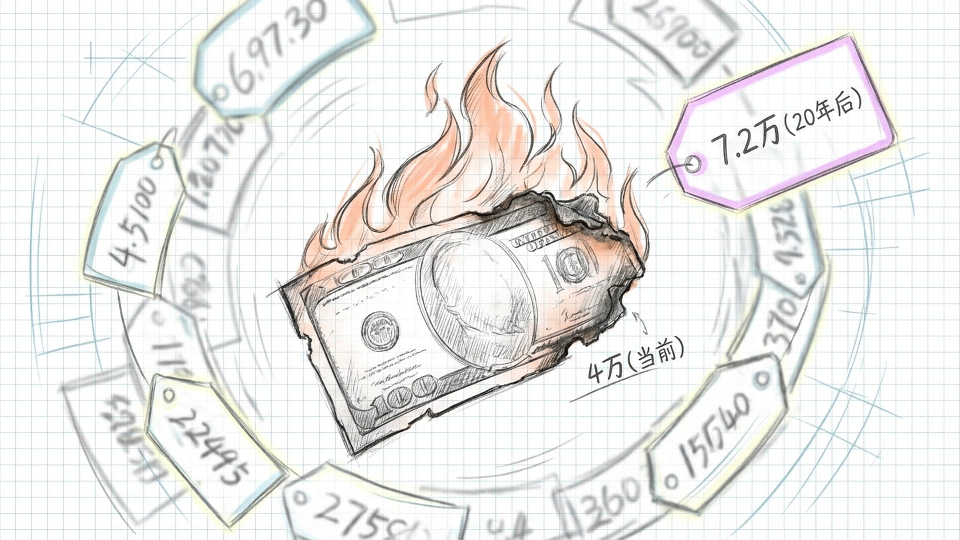 一张纸币在火焰中边缘变焦黑，背景是无数虚化的生活价格标签。