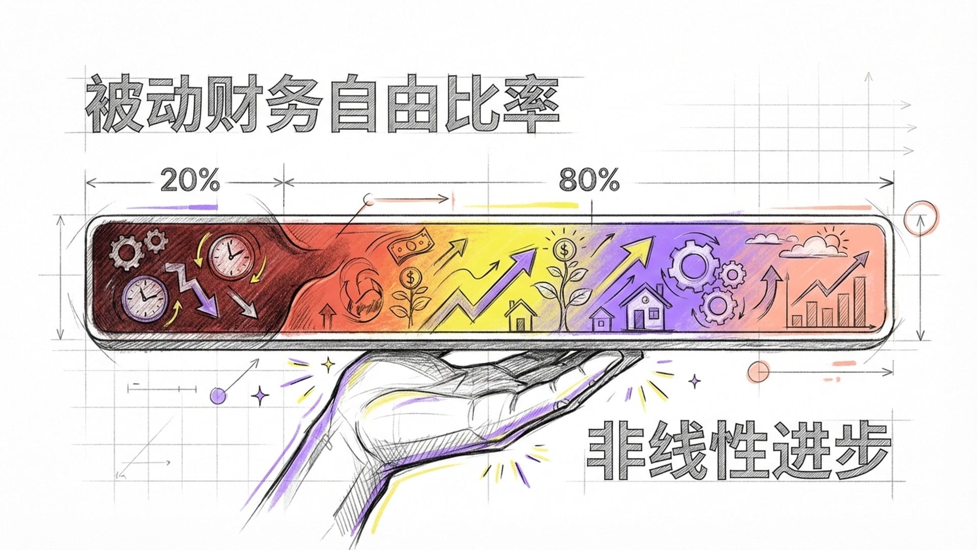 一个进度条，前20%是暗红色，后80%颜色逐渐明亮。进度条下方有一只手托着。