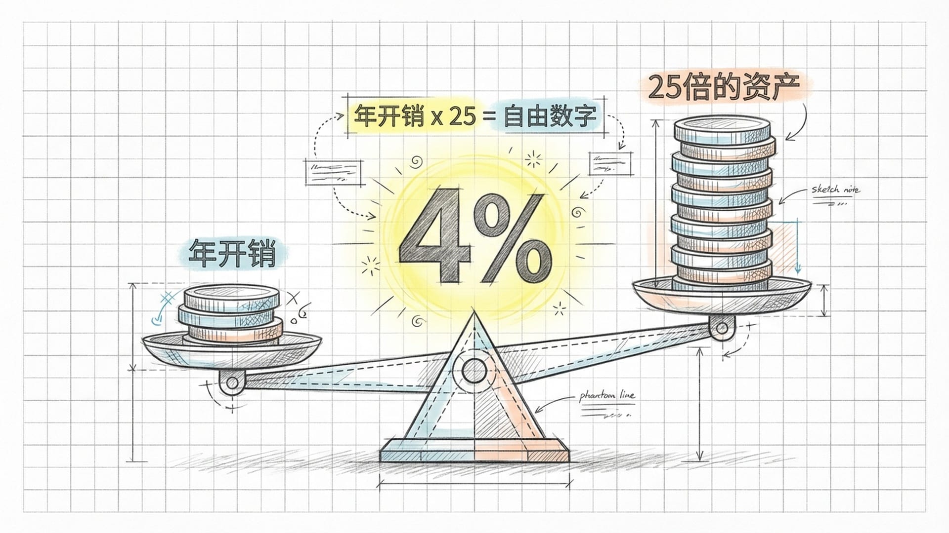 巨大的数字'4%'悬浮在天平中心，左边是生活开销，右边是25倍的资产堆叠。