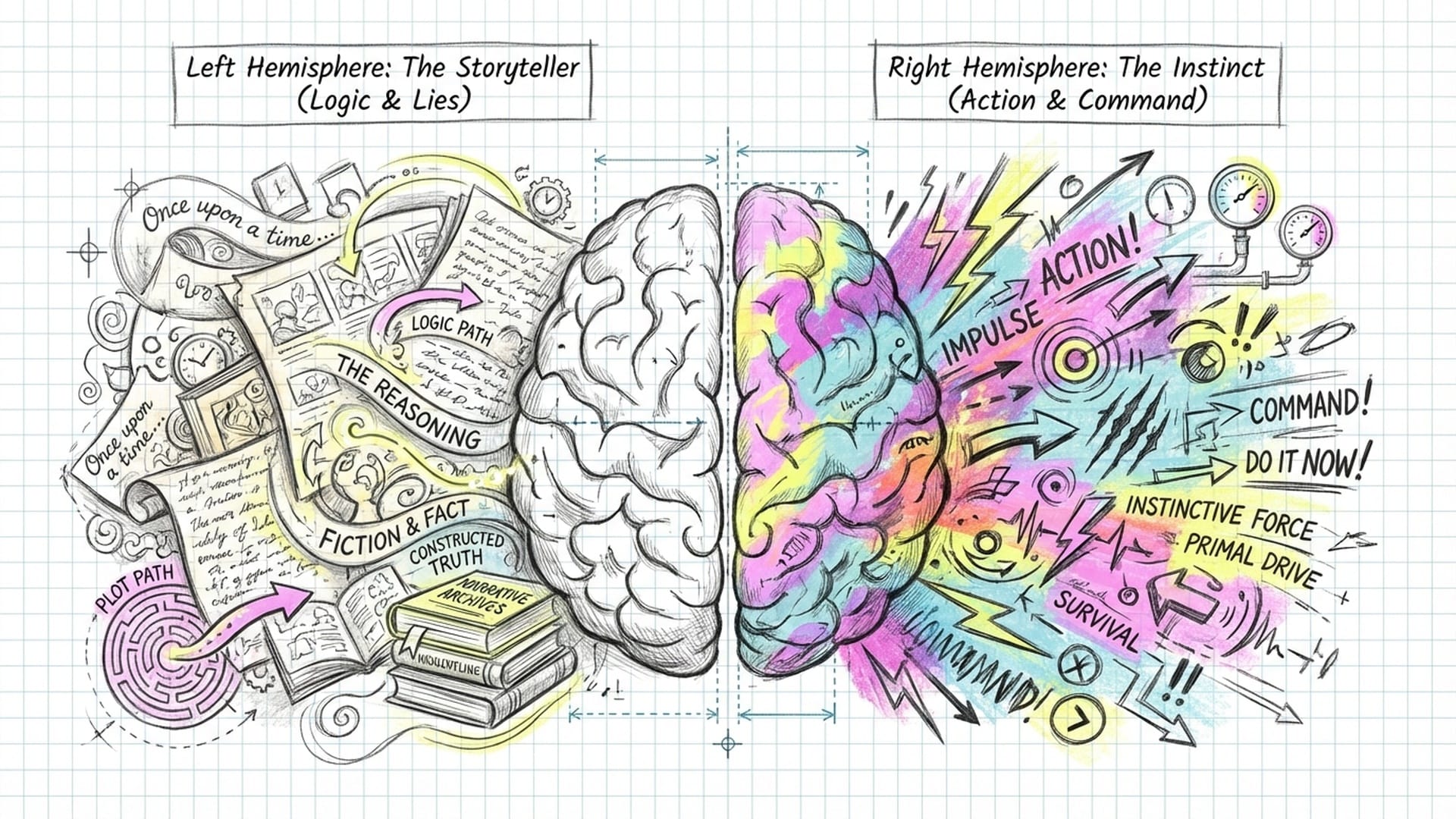Anatomical human brain split into two distinct halves with light passing through the center; the left side is covered in flowing script/stories, the right side is raw colors and shapes. (English)