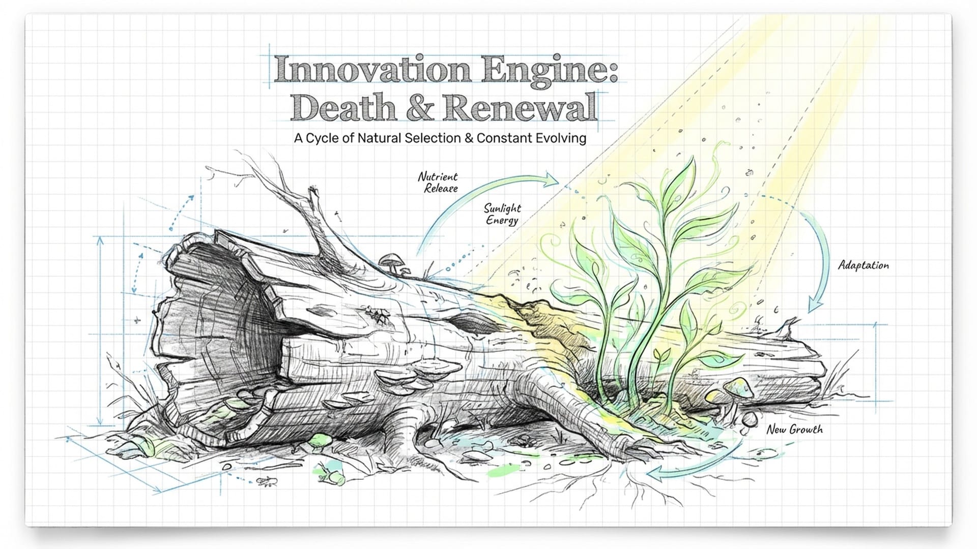 A dark forest floor where an old, mossy tree trunk is decaying, and bright green saplings are sprouting toward a beam of sunlight. (English)