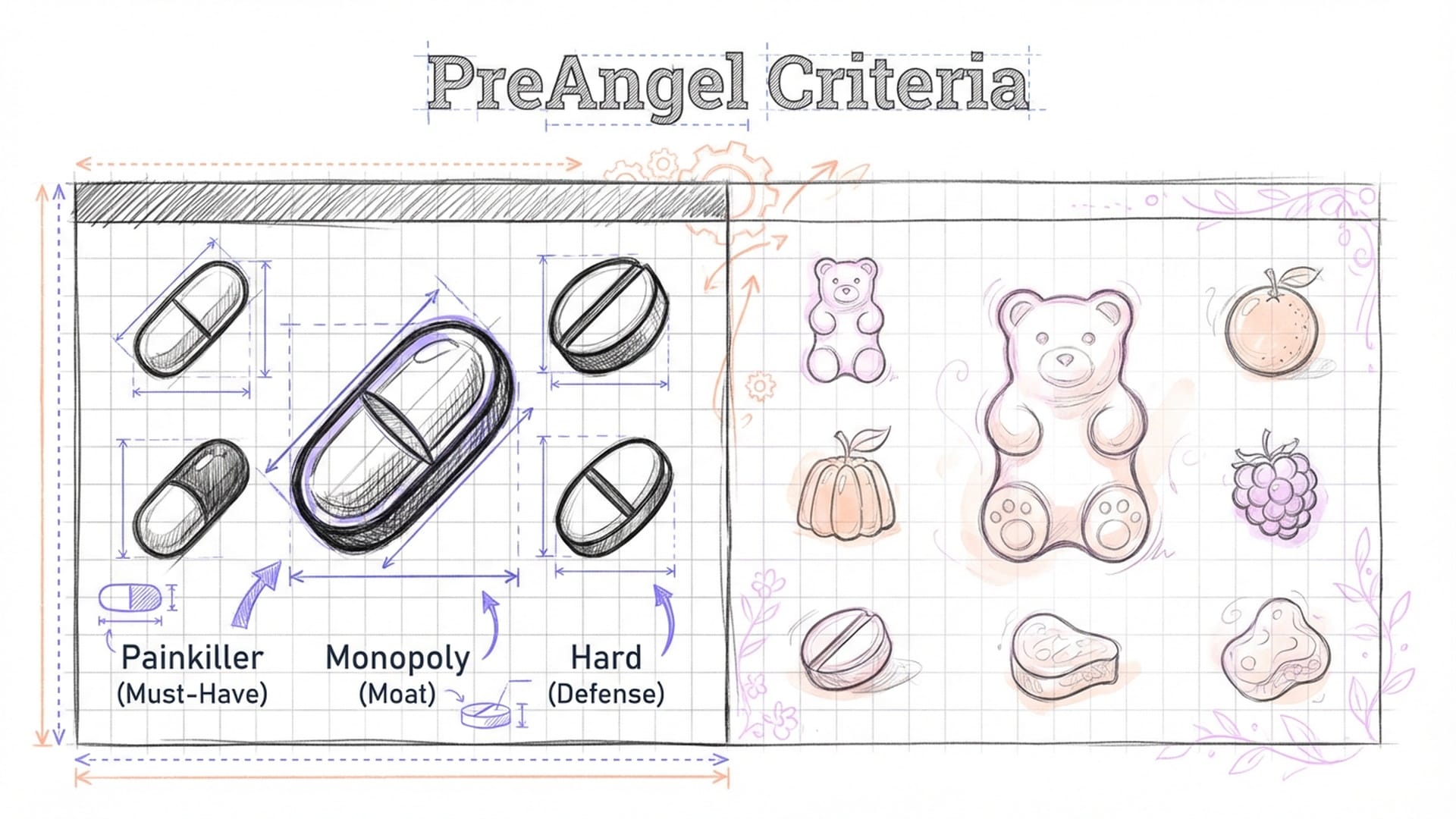 A grid of icons representing painkiller pills (highlighted) vs. colorful gummy vitamins (dimmed). (English)