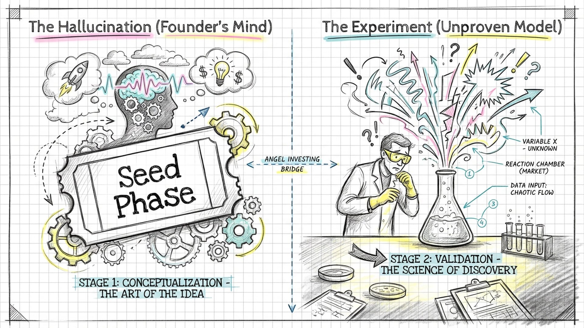 Stylized theater ticket with 'Seed Phase' written on it, placed next to a blurry laboratory scene where a scientist is observing a chaotic reaction. (English)