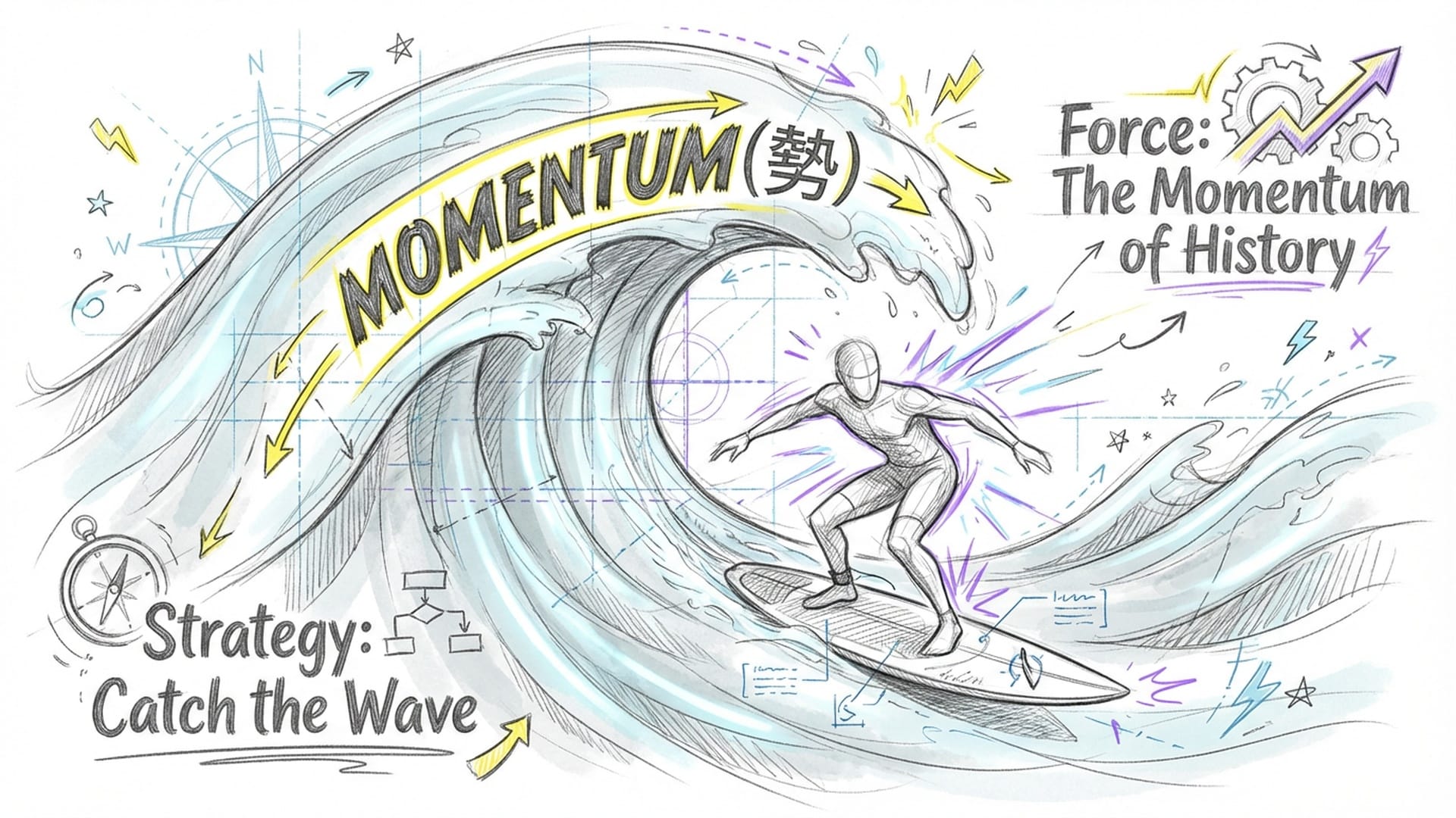 A surfer riding a massive neon-lit tidal wave labeled 'Momentum' (Shi). (English)