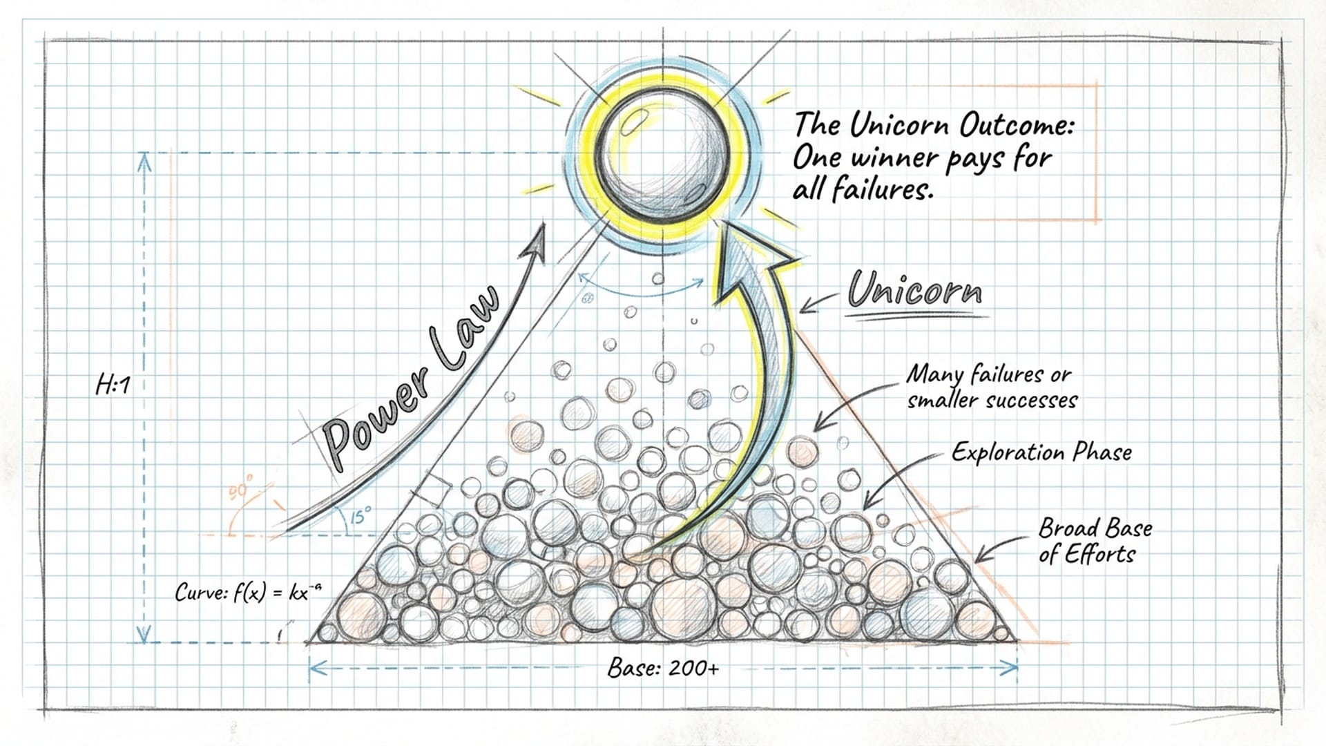 A massive stylized 'Power Law' curve where one data point towers over hundreds of small dots, highlighted in #f8ee35. (English)