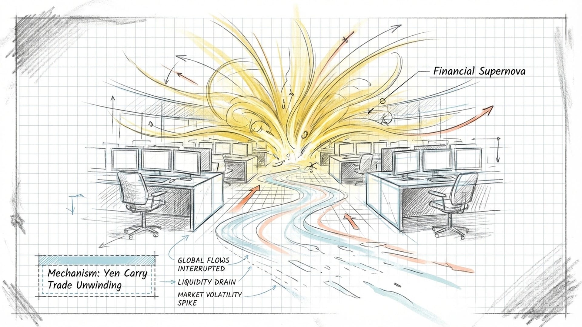 Dramatic cinematic visuals of a 'Financial Supernova'—a burst of golden light over a trading floor. Visualizing the end of the Yen carry trade as an invisible river drying up.