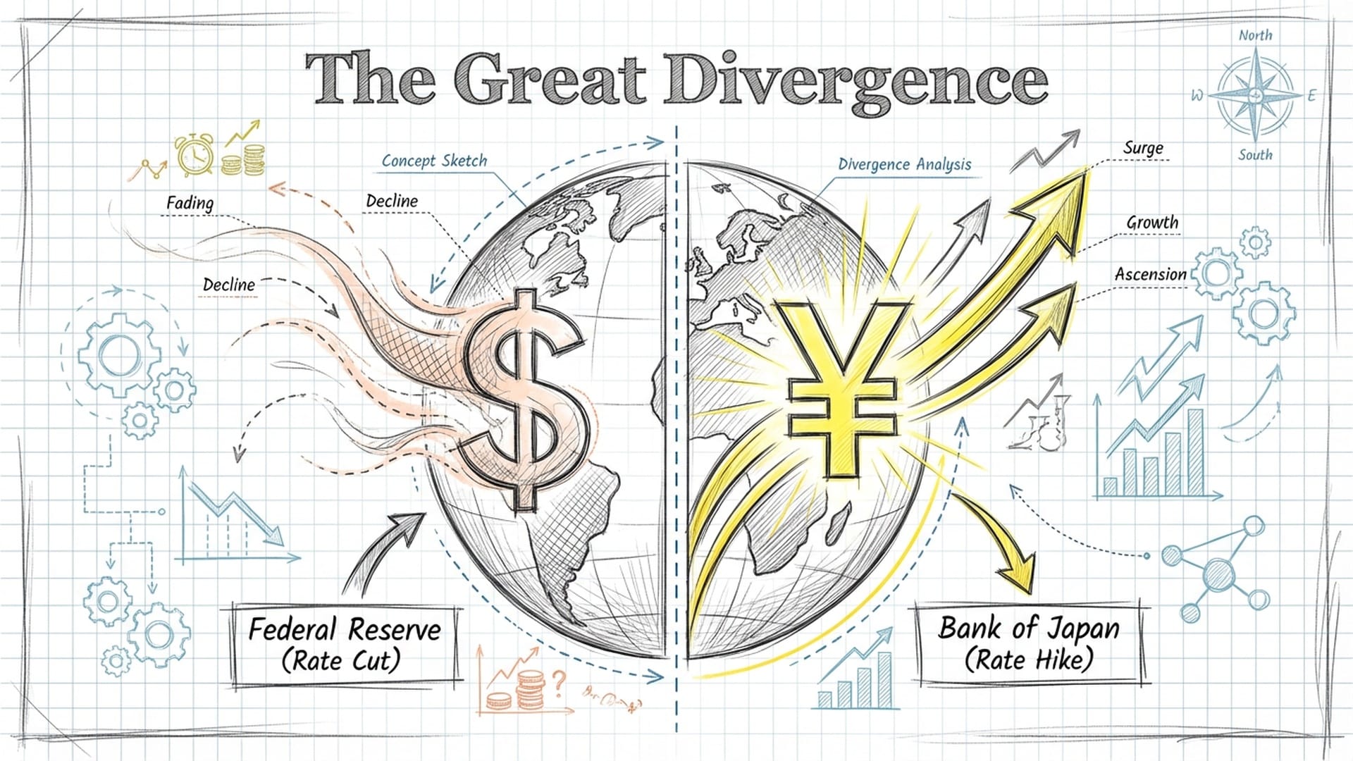 A split globe graphic: One side featuring a fading US Dollar symbol, the other a glowing Yen symbol surging upward. Conceptual representation of 'The Great Divergence'.