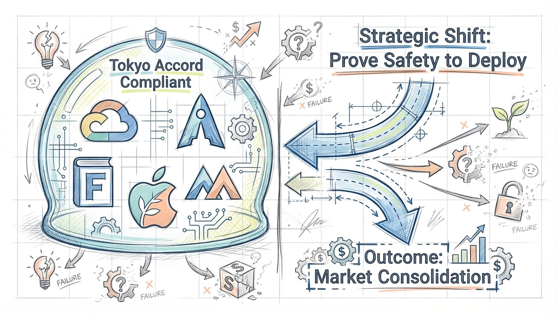 A grid of startup logos vs. giant incumbents. The incumbents are inside a protected bubble (Tokyo Accord compliant).