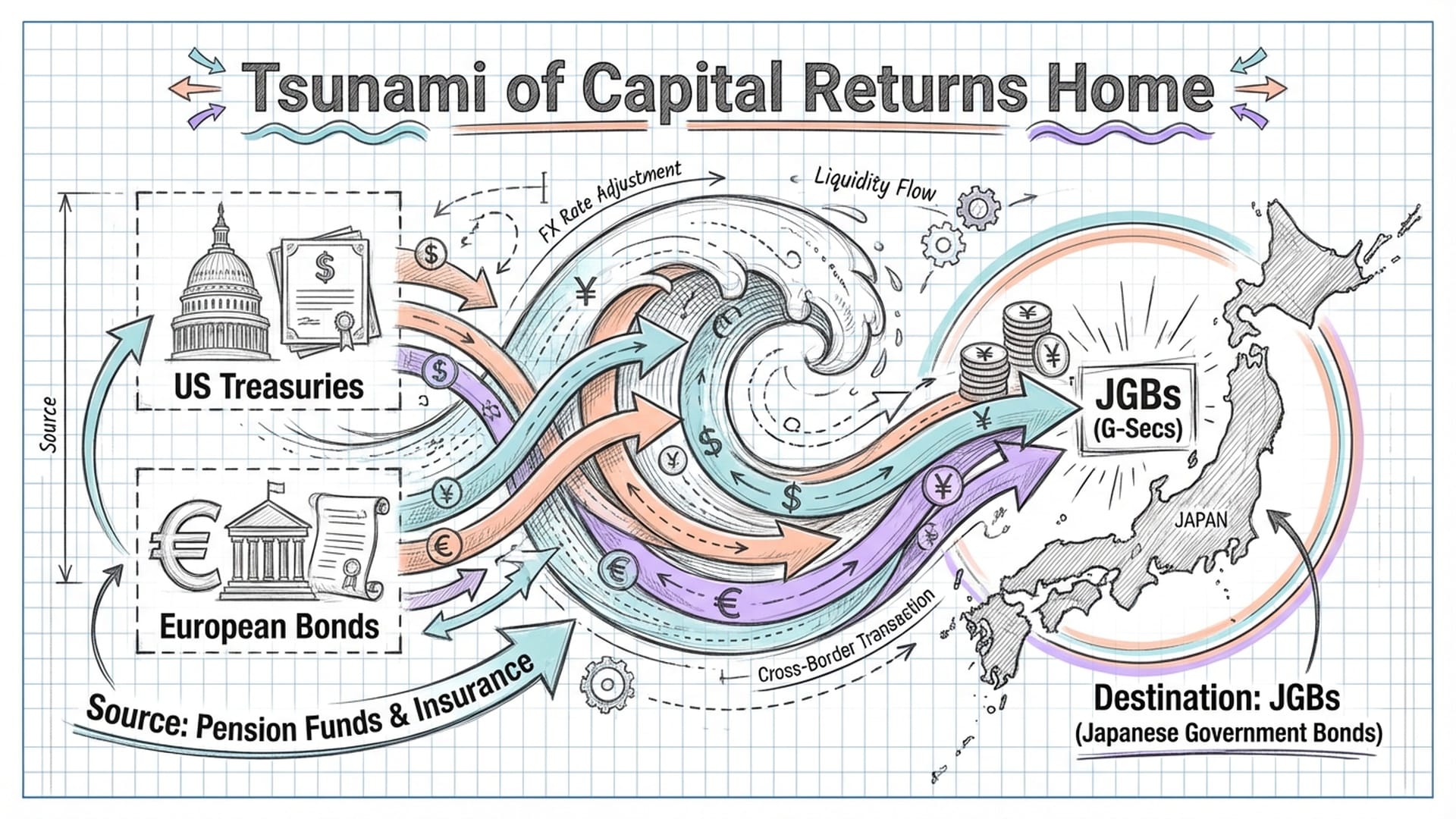Infographic showing the 'Tsunami' of Japanese capital returning home. Arrows flowing from US Treasuries and European bonds back to Japan.