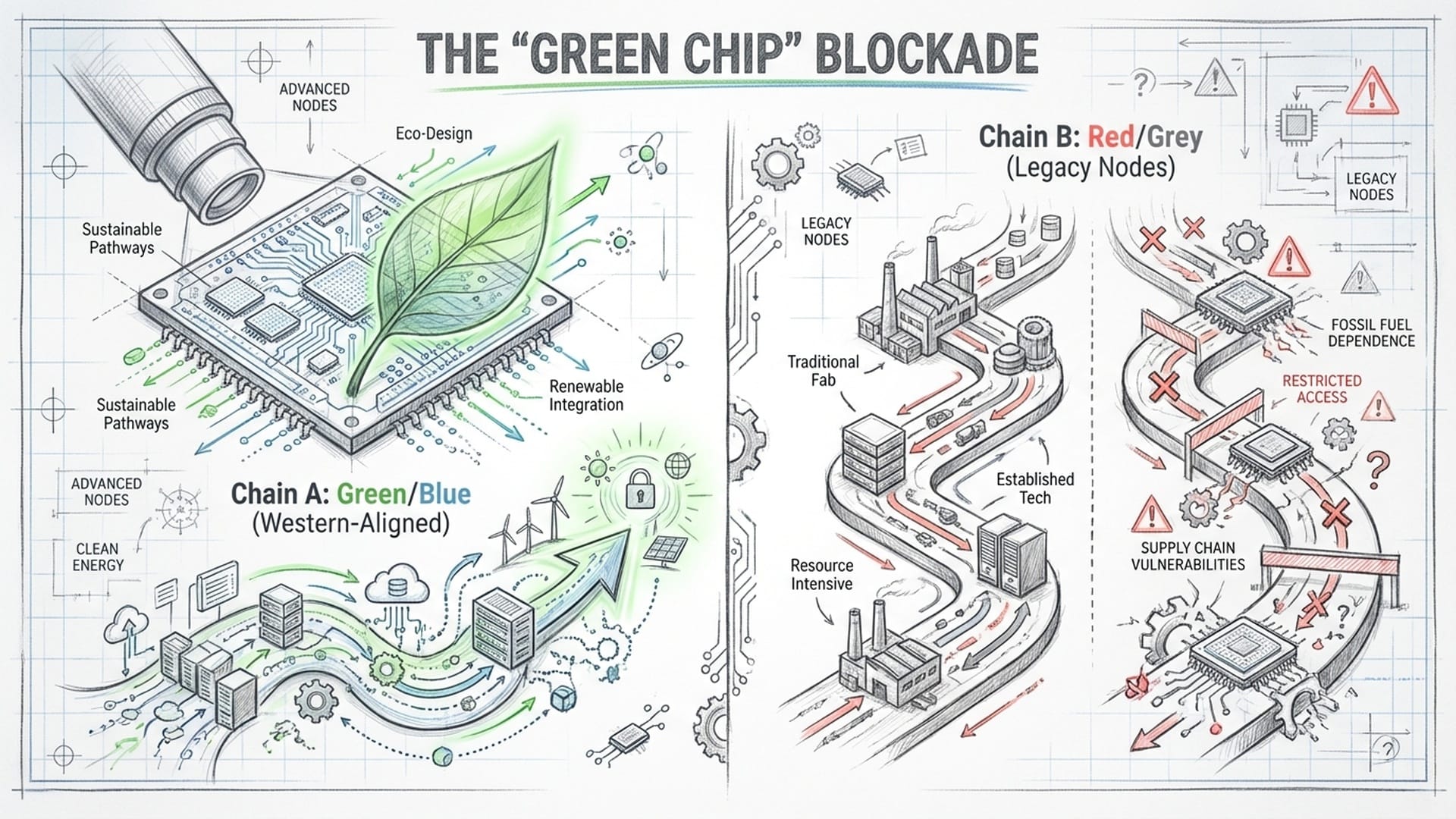 Microscope view of a semiconductor chip with a green leaf overlay. A bifurcated supply chain diagram showing two separate tech stacks.