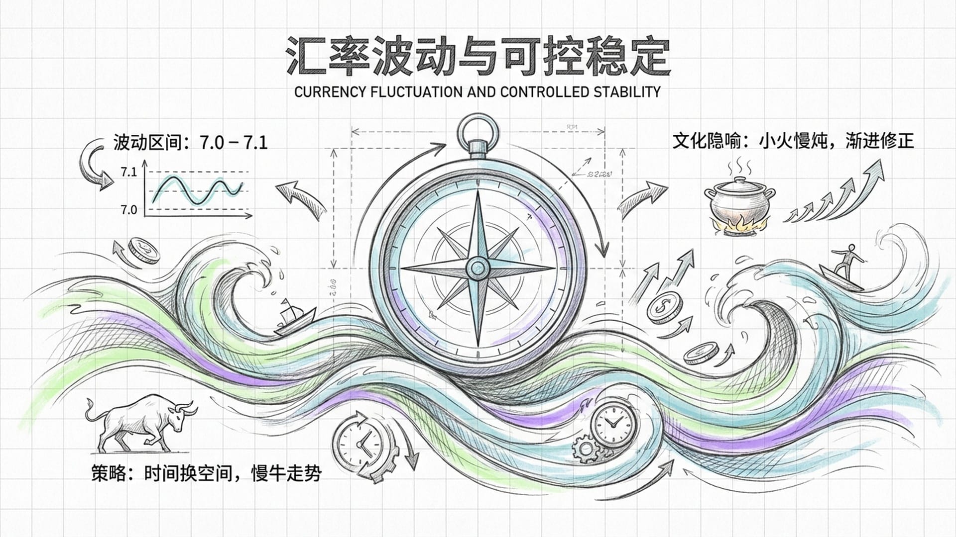 海浪起伏的意象，代表汇率的双向波动，中心有一个稳定的罗盘。