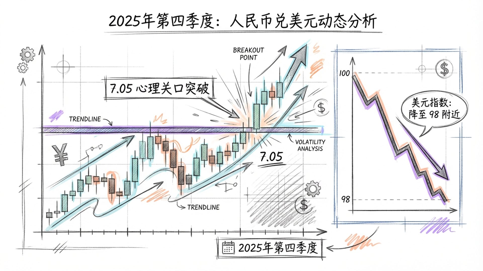 金融K线图在7.05关口突破的视觉呈现，美元指数从100以上跌落至98的动态对比。