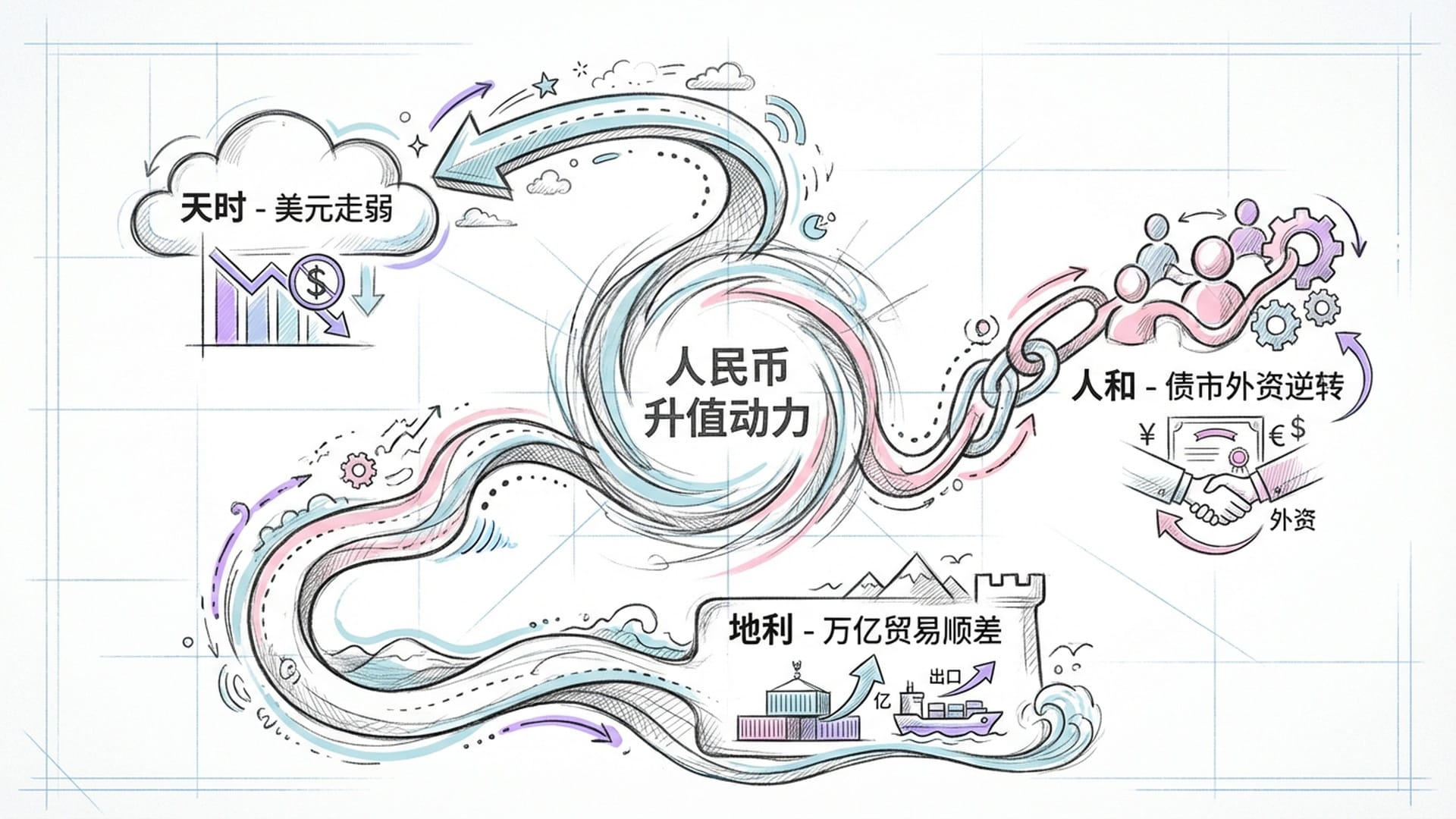 三股力量的思维导图：天时（美元周期）、地利（贸易顺差）、人和（外资流入）。