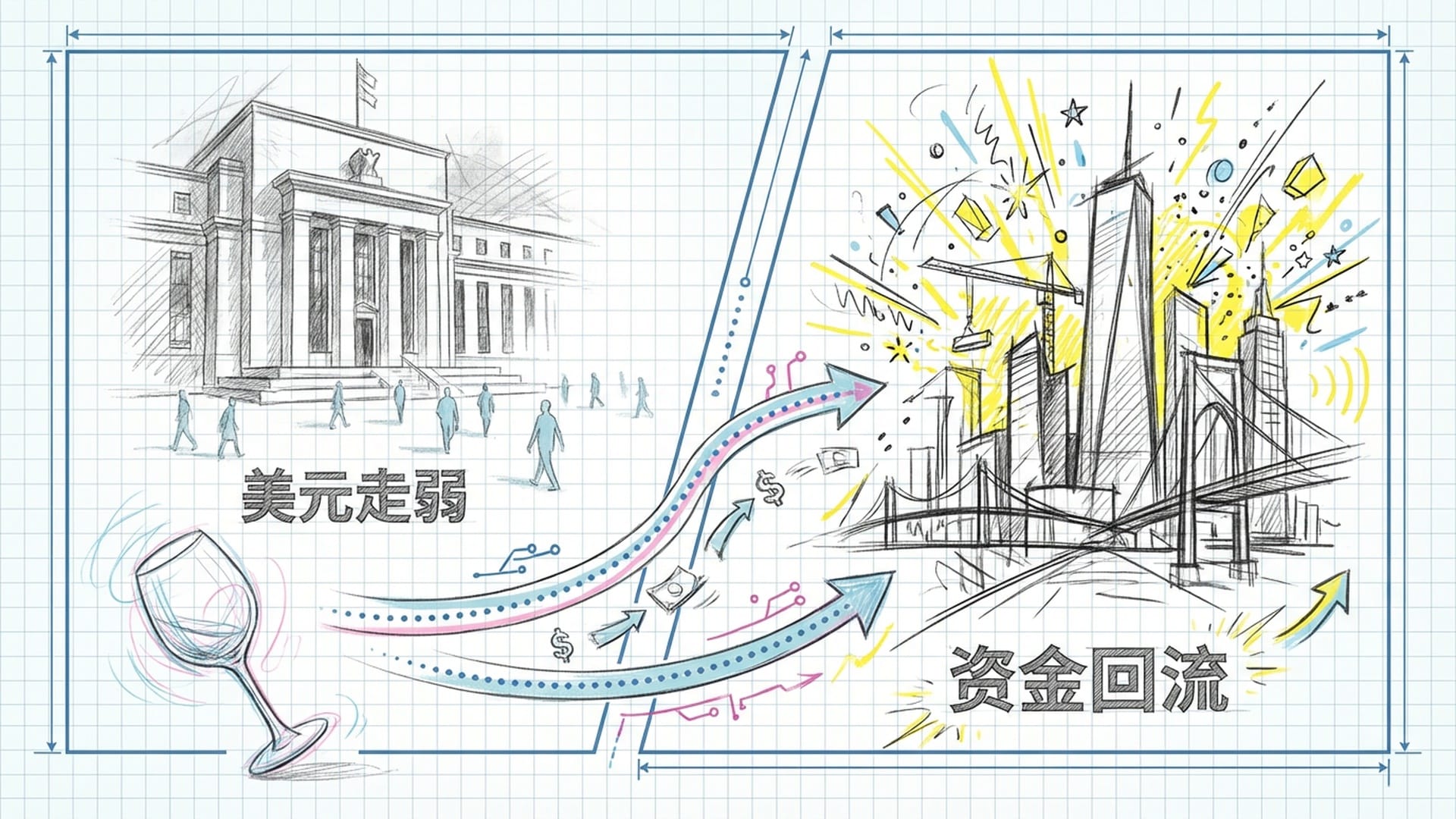 美联储大楼前人群散场，酒杯空置，隔壁中国市场的派对灯光亮起，象征资金流动。