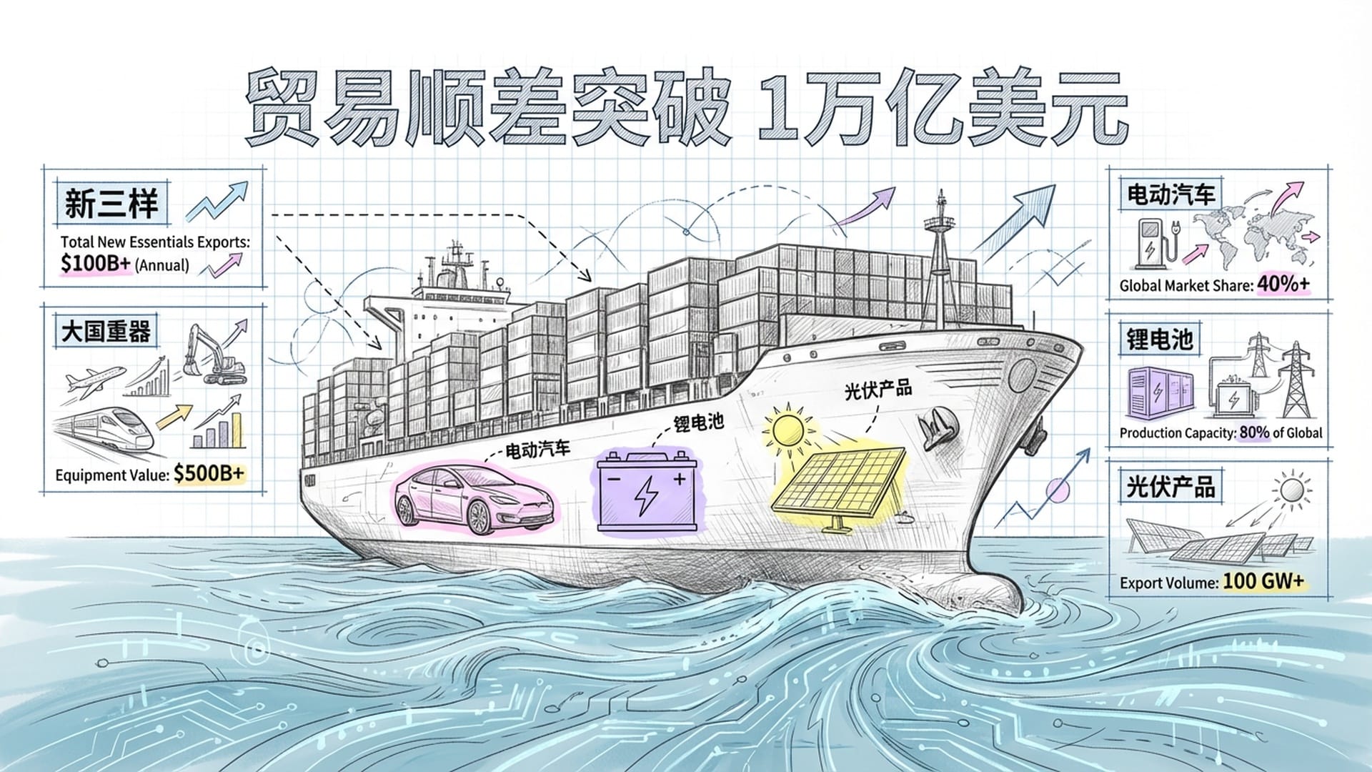 巨大的集装箱货轮，上面印有电动汽车、锂电池、光伏产品的标识，海水呈现数字流动感。
