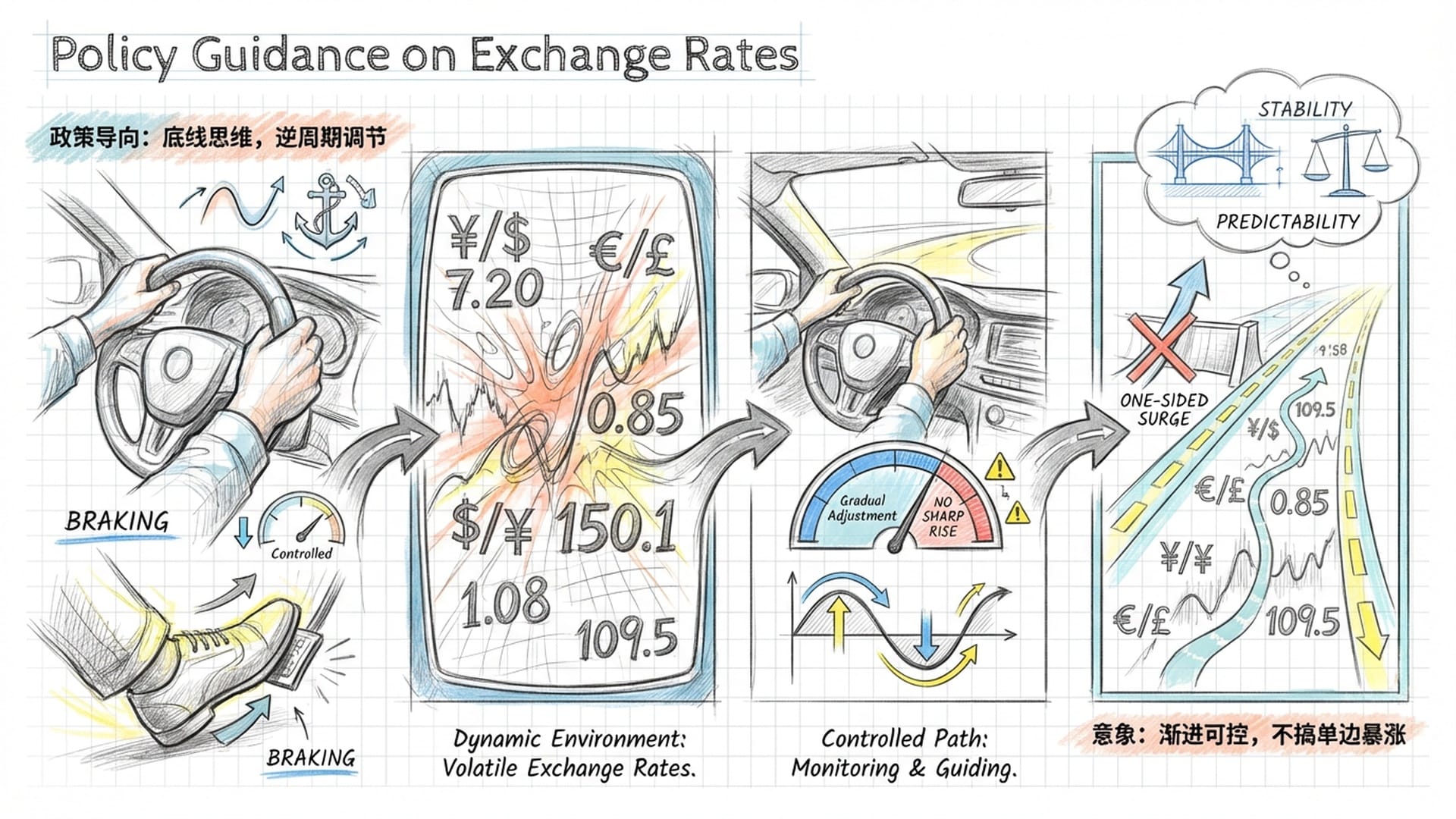 一辆行驶在山间的汽车，司机手扶方向盘准备踩刹车，车窗外是快速移动的汇率数值。