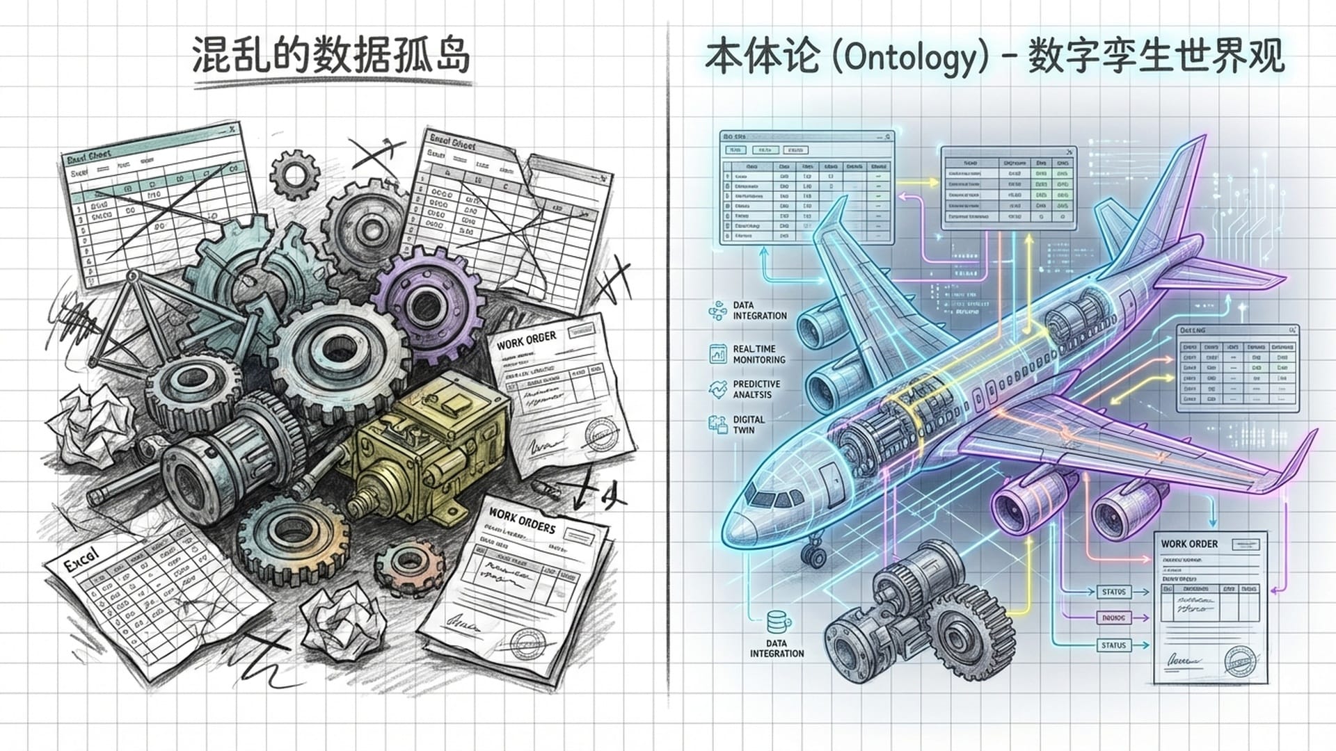 左侧显示一堆凌乱的废旧零件、Excel 表格、纸质工单（孤岛数据）；右侧展示这些零散物体通过发光的丝线连接，形成一个整齐、有序的数字虚拟飞机 (Digital Twin)。