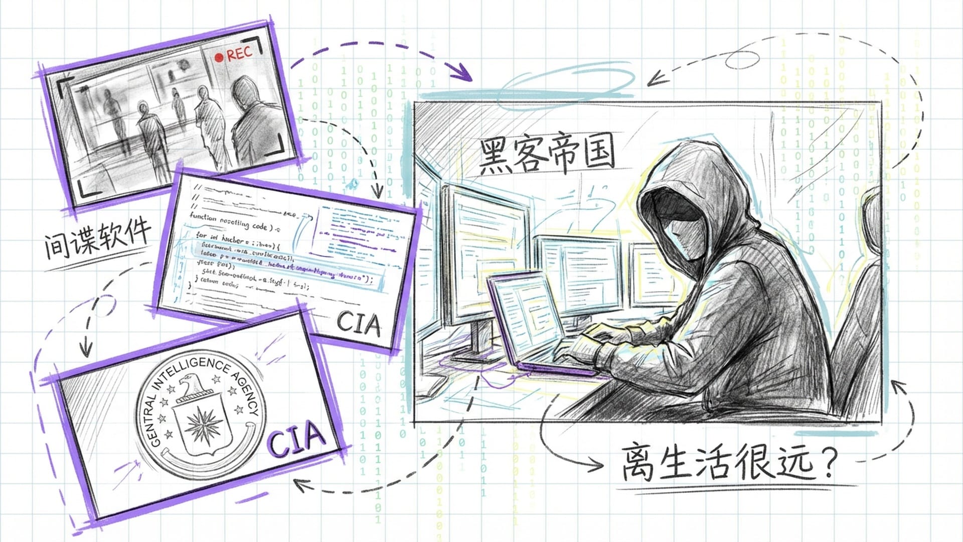 大荧幕上闪烁着监控视频、黑客代码和CIA标志的快速剪影。前景是一个戴着兜帽的影子在操作多台显示器，营造出间谍电影般的神秘与不安氛围。