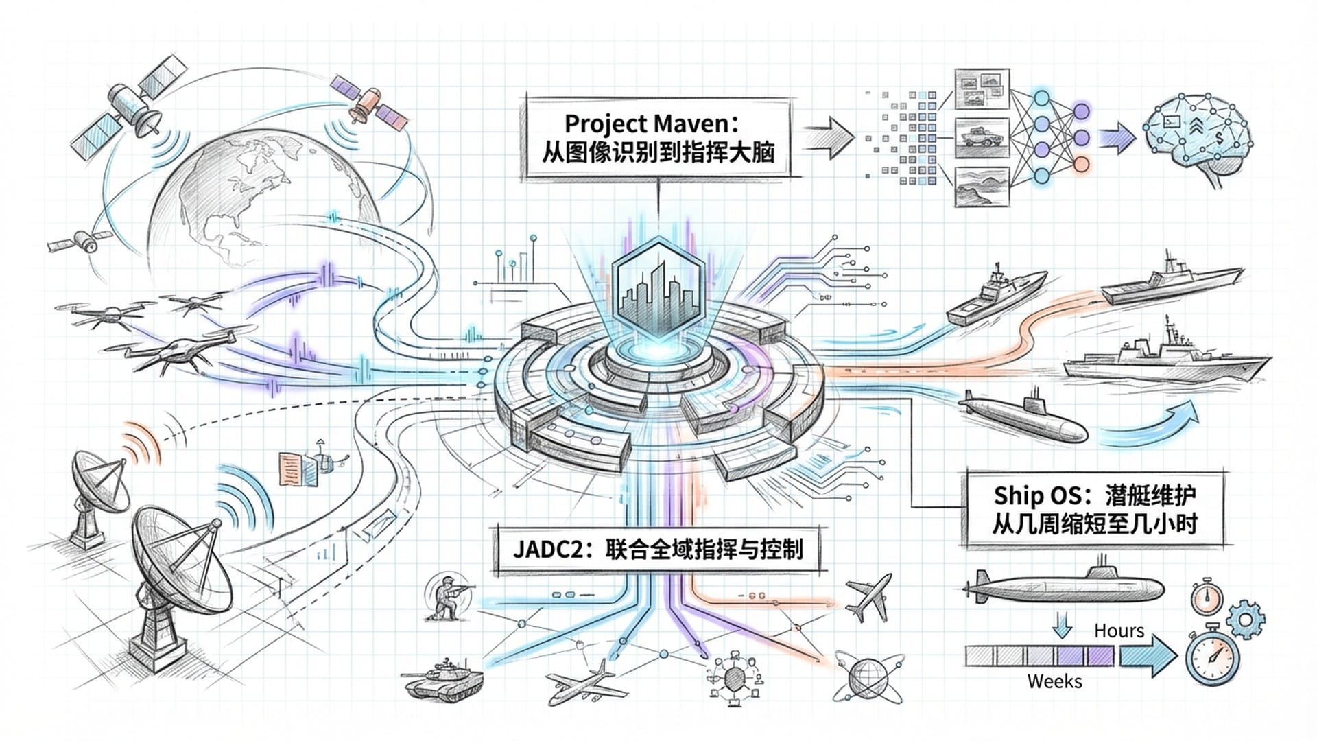一张覆盖全球的“全域指挥网”。卫星、无人机、地面雷达整合在 Gotham 平台的界面中。美军军舰和潜艇在数字脉络的指引下快速机动。画面充满科技霸权感。