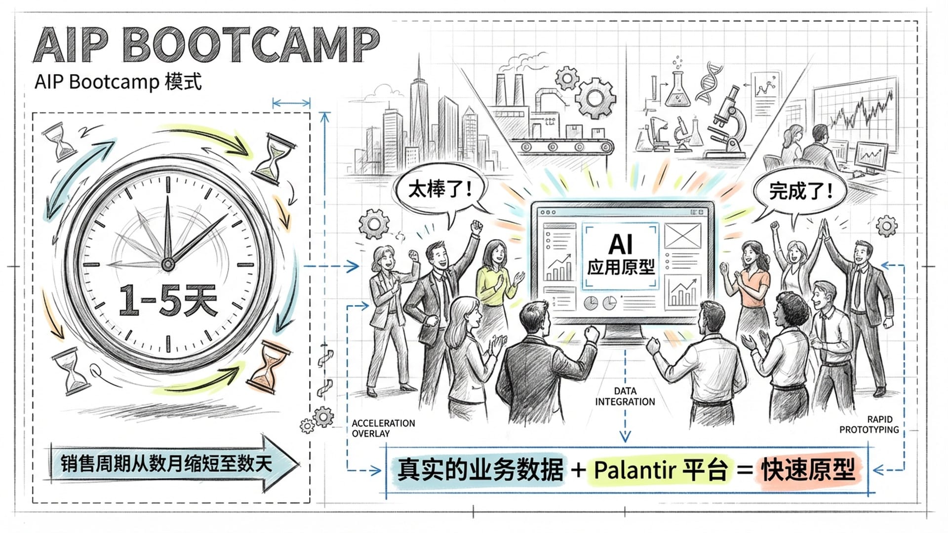 训练营般的快节奏场景。左侧时钟显示 1至5天；画面中不同背景的企业人员汇聚在 Palantir 屏幕前欢呼，屏幕上是刚刚生成的 AI 应用原型。