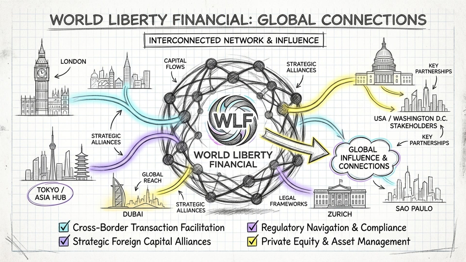 A dark, stylized silhouette of a network; a logo for 'World Liberty Financial' appearing with glowing connections to foreign capitals.