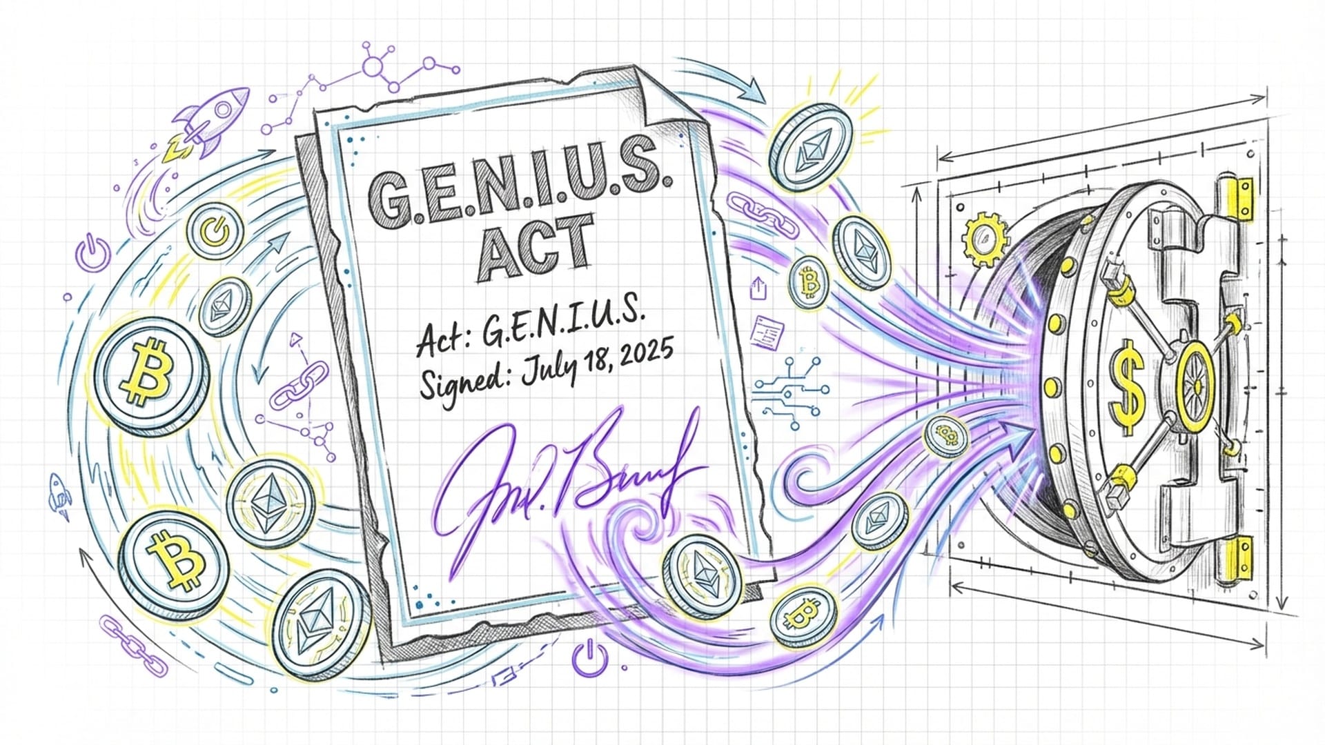 Stylized document of the GENIUS Act with a presidential signature; icons of digital coins entering a federal bank vault.