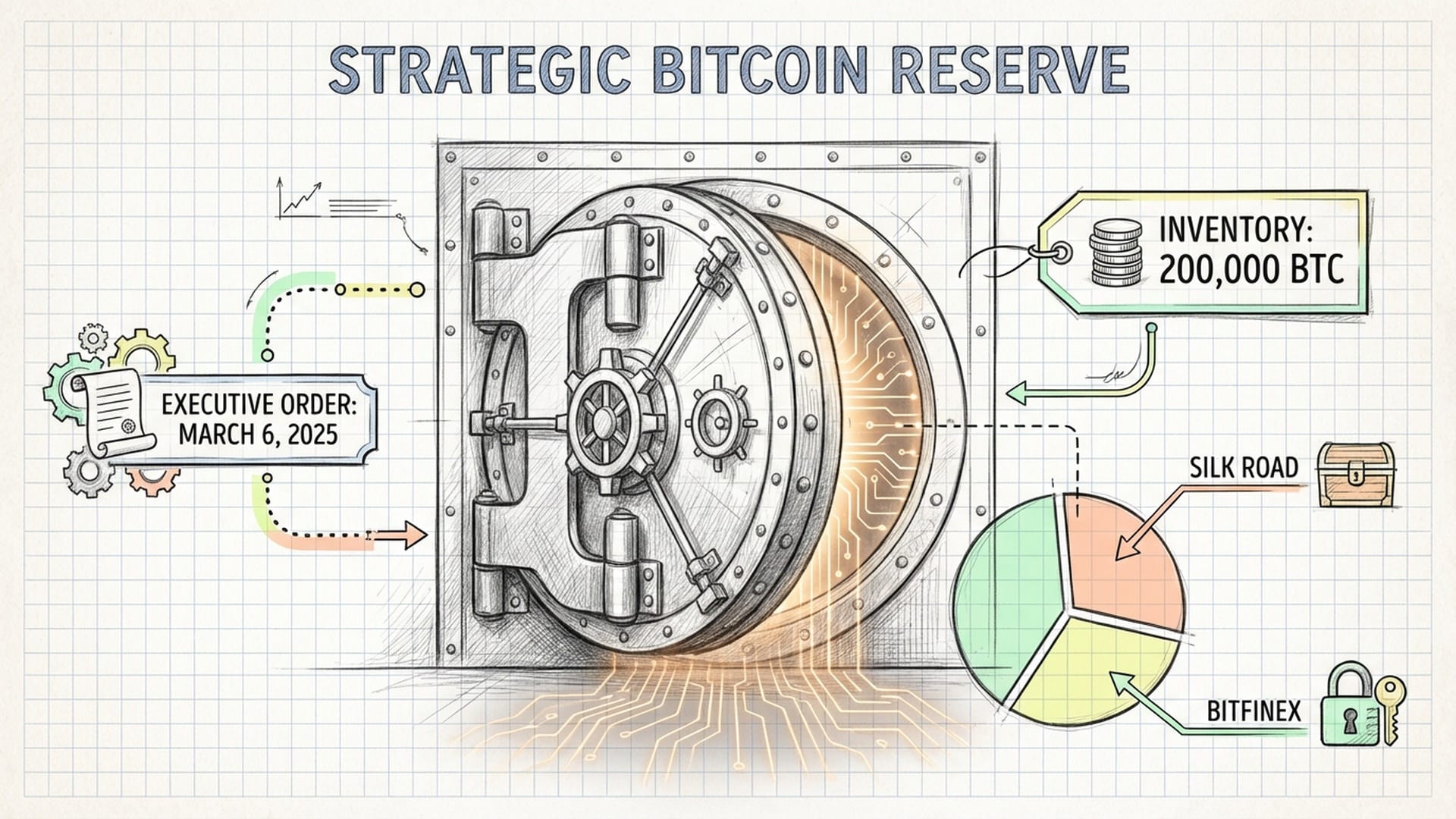 A vault door opening to reveal digital orange glows; a pie chart showing BTC seized from Silk Road and Bitfinex.