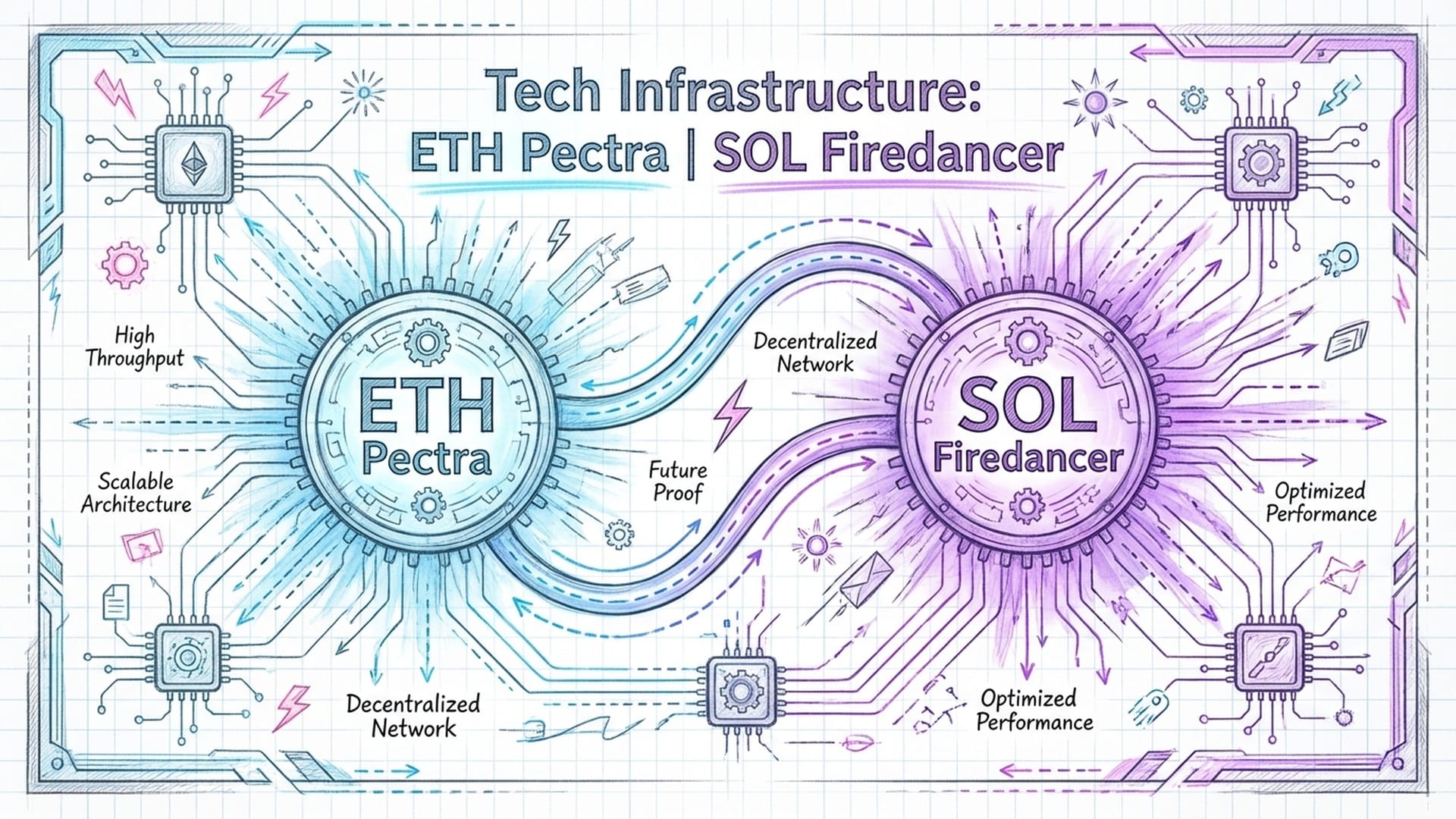 Microchip-style nodes representing Ethereum Pectra and Solana Firedancer, glowing blue and purple energy circuits.