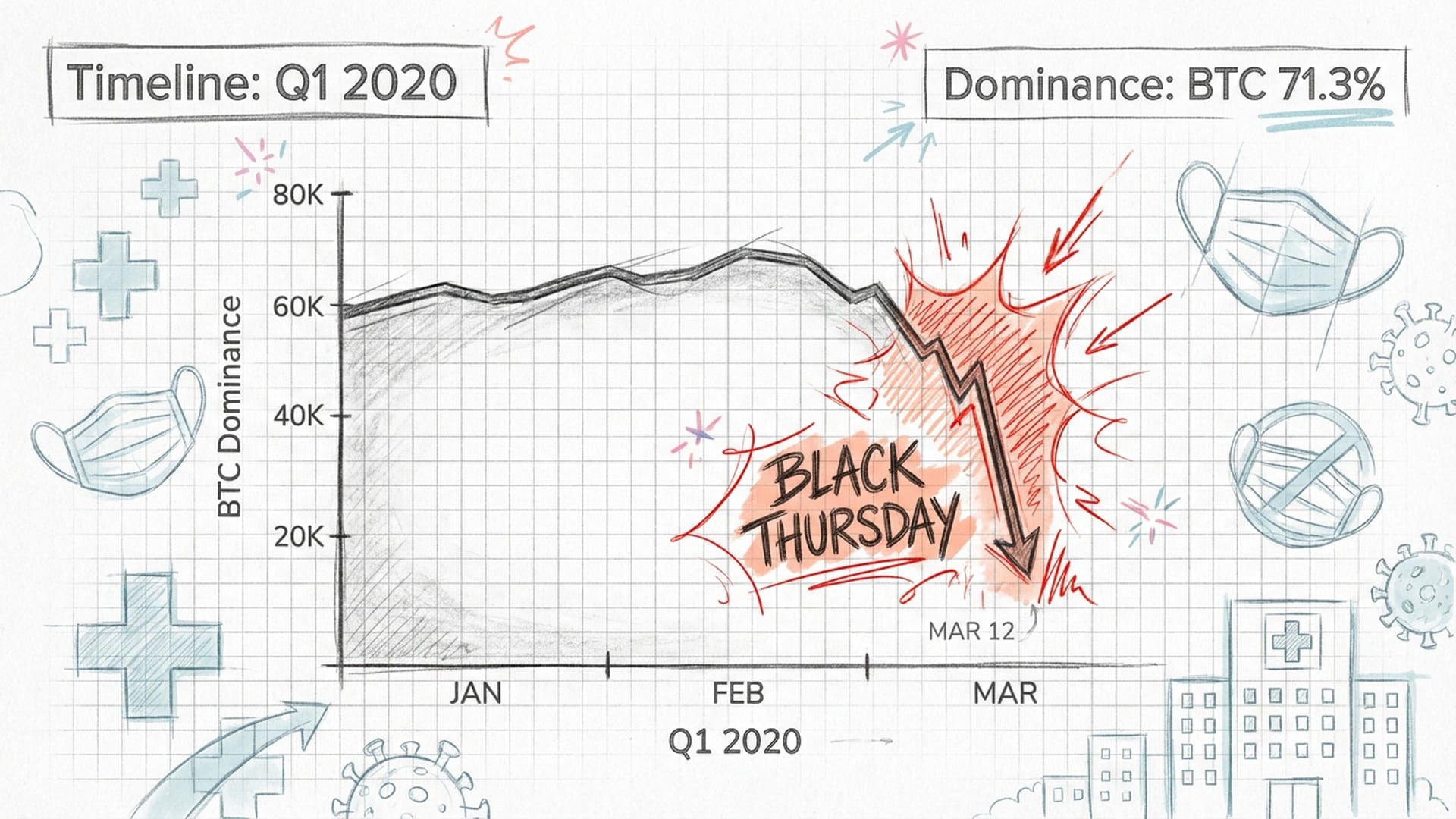 A line chart crashing sharply in March 2020 (Black Thursday); red highlights on the dip, background showing hospital/quarantine motifs.