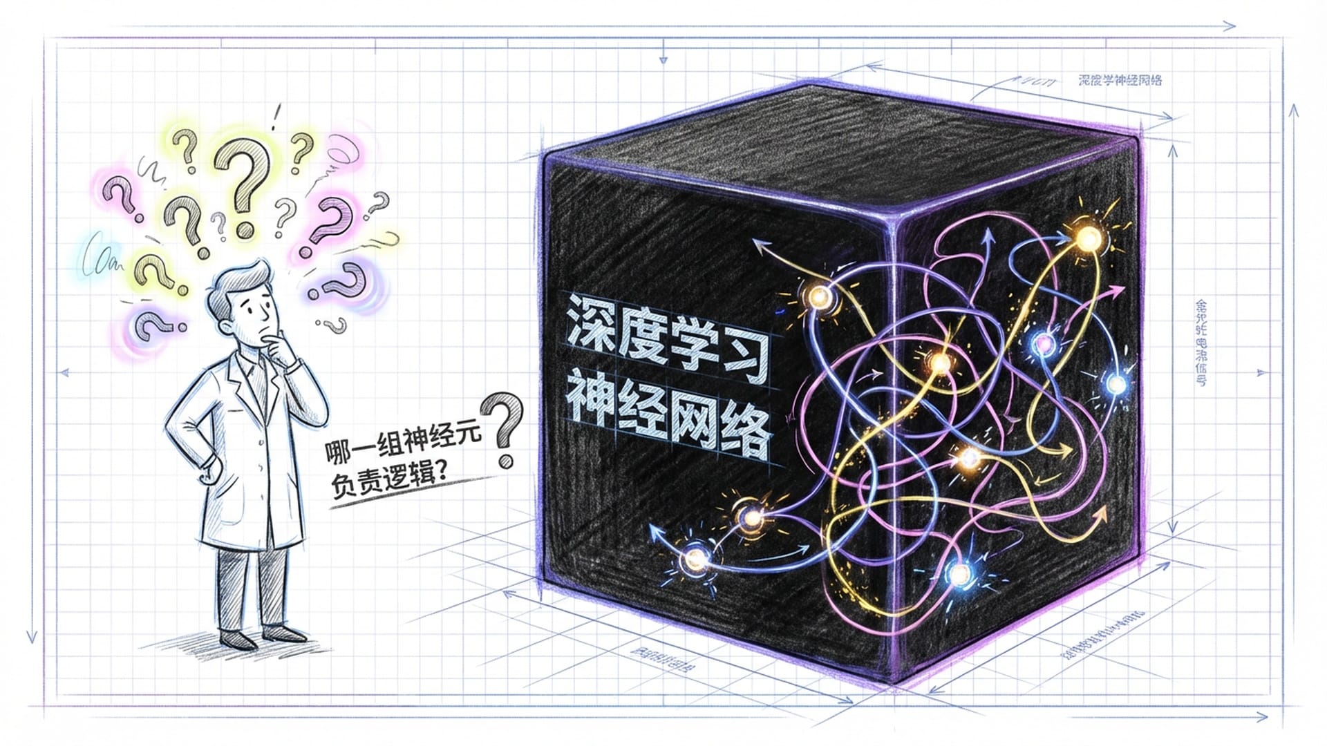 一个巨大的黑色立方体（黑箱）置于实验室中心，无数金色光电信号在内部乱窜。一位科学家正在困惑地观察。