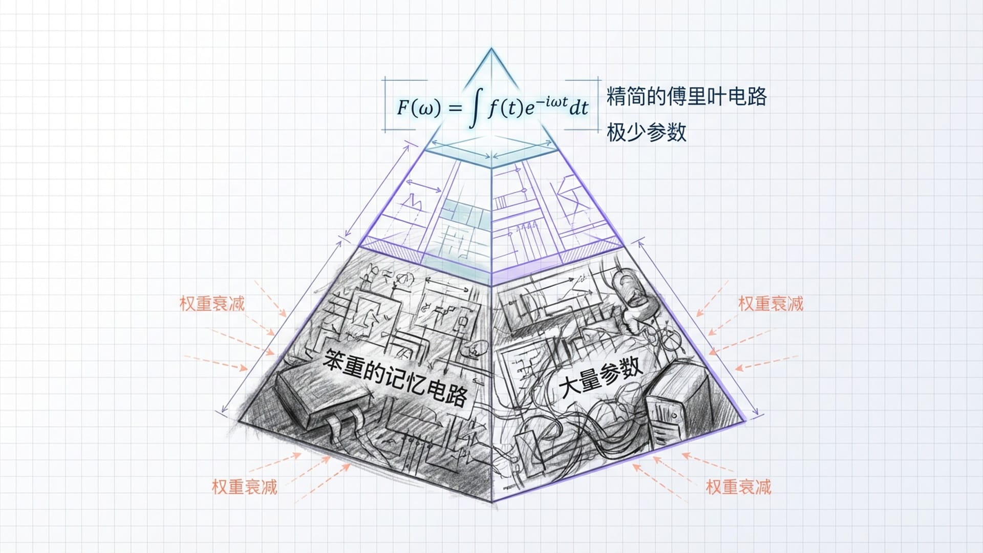 一个沉重的记忆包裹（大量参数）被优美精炼的数学公式（极少参数）所取代。象征效率的竞争。