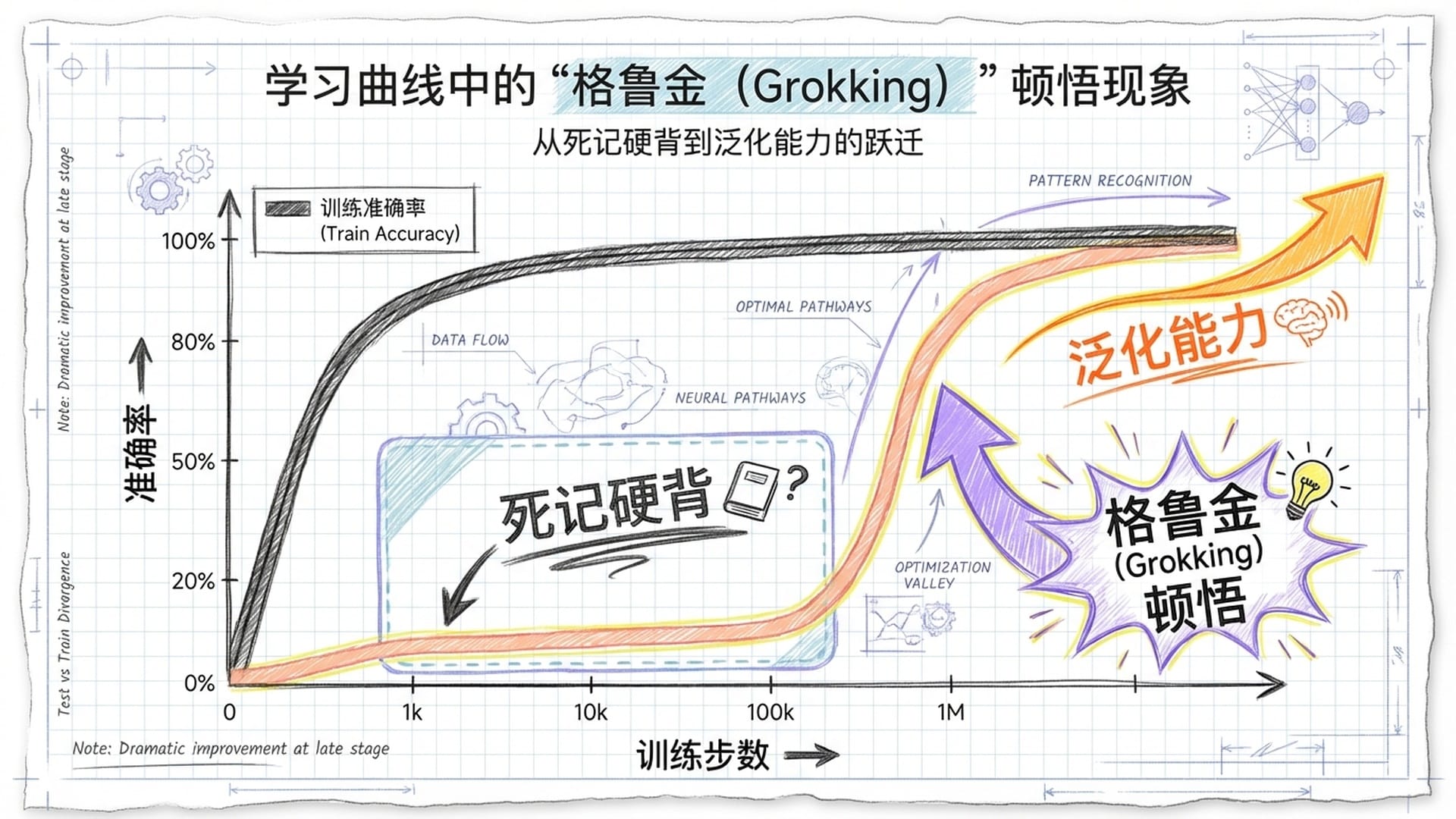 学习曲线图示，训练准确率（Train）先达到100%，测试准确率（Test）长期为0，随后在极晚期突然飙升。